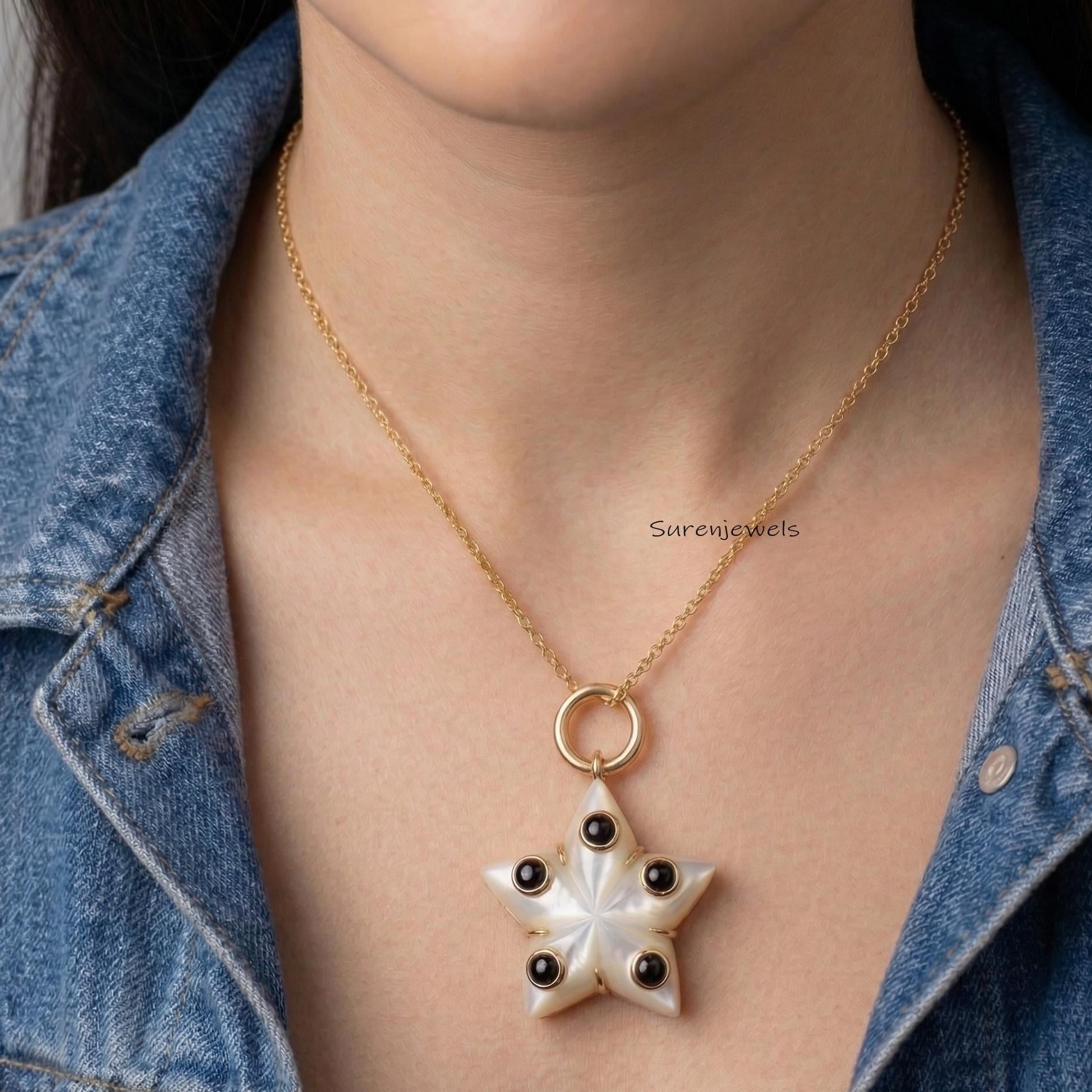 Hand Carved 14k Gold Gemstone Star Pendant handmade Designer Jewelry - View 3 - Suren Jewels | SKU: SJP6167-SLYGTQBO-25M