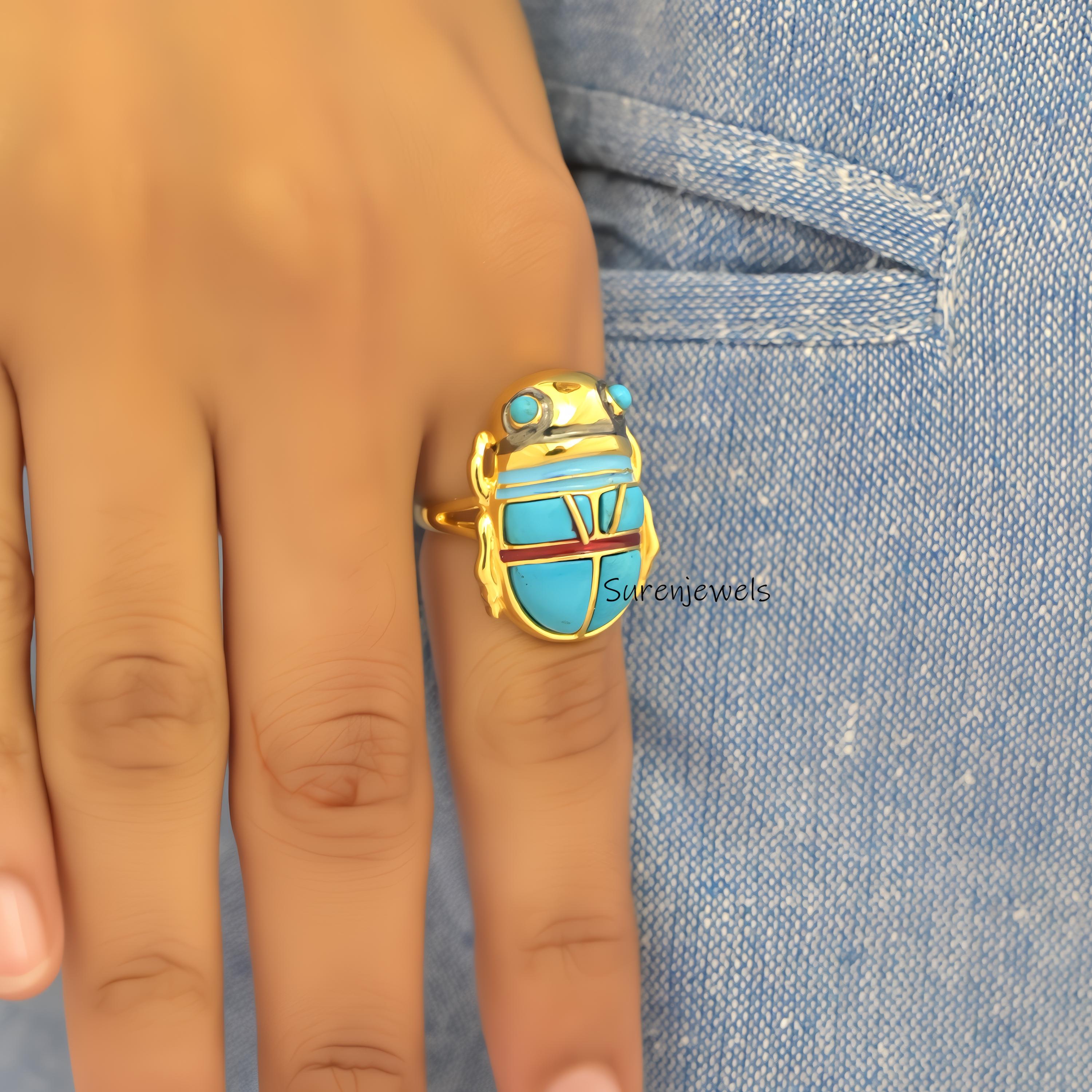 14K Gold Gemstone Scarab Ring: Hand Carved Amulet - View 3 - Suren Jewels | SKU: SJR2797-SLYGTQBCZ-US-6,SJR2796-SLYGTQ-US-8,S
