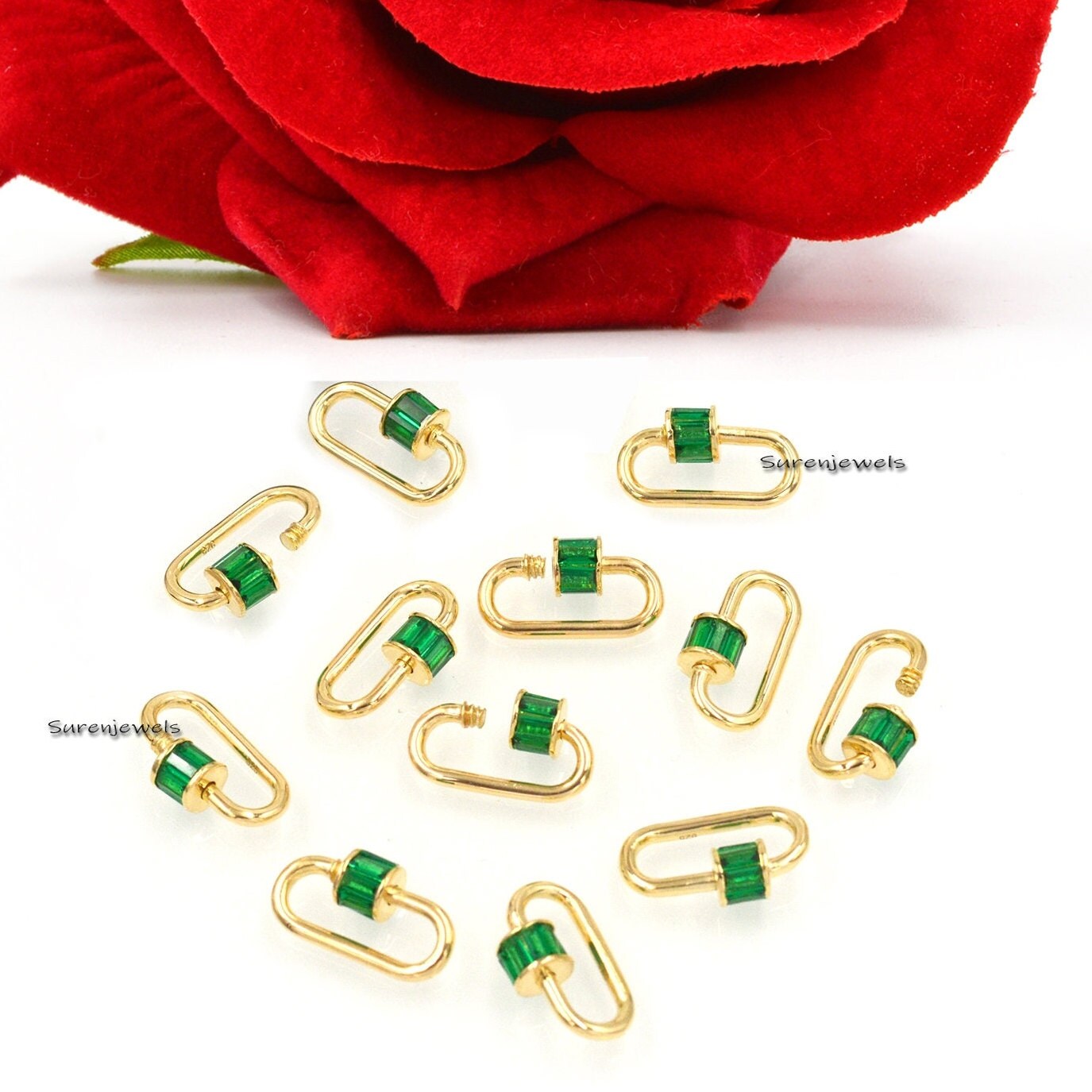 14k Yellow Gold Emerald Carabiner Lock: Jewelry Connector - Suren Jewels | SKU: SJC22-14KYGBTTMT-16M