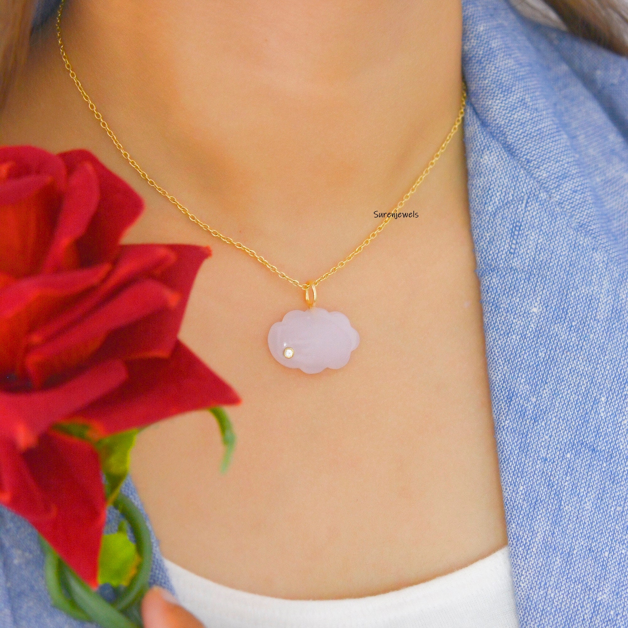 14K Gold Cloud Pendant: Turquoise, White Topaz Gemstone Charm - View 2 - Suren Jewels | SKU: SJP1150-SLYGSLNWT-22M