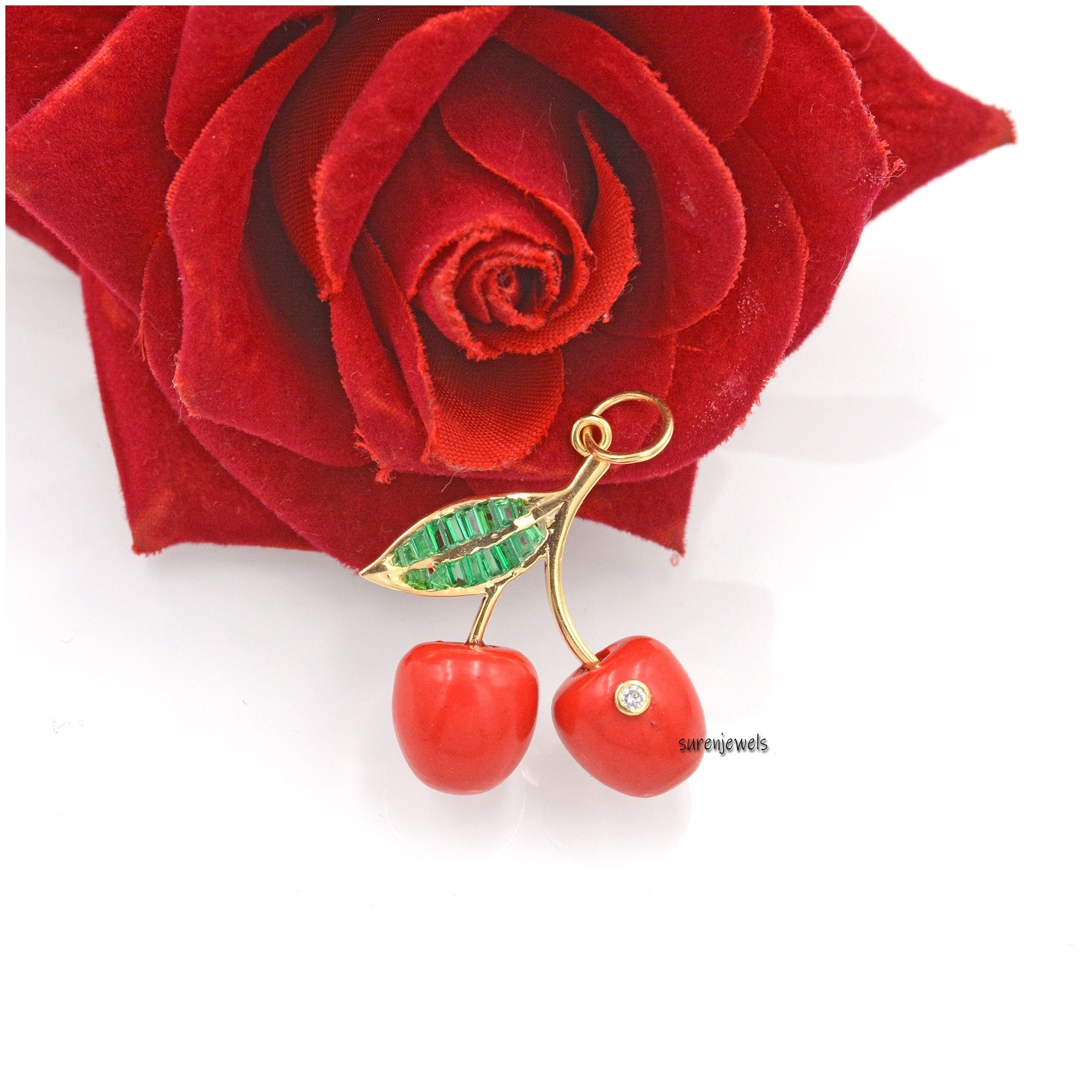 14K Gold Cherry Pendant: Coral Gemstone, Handmade Charm - Suren Jewels | SKU: SJP1449-SLYGRCRCBTTCZMN