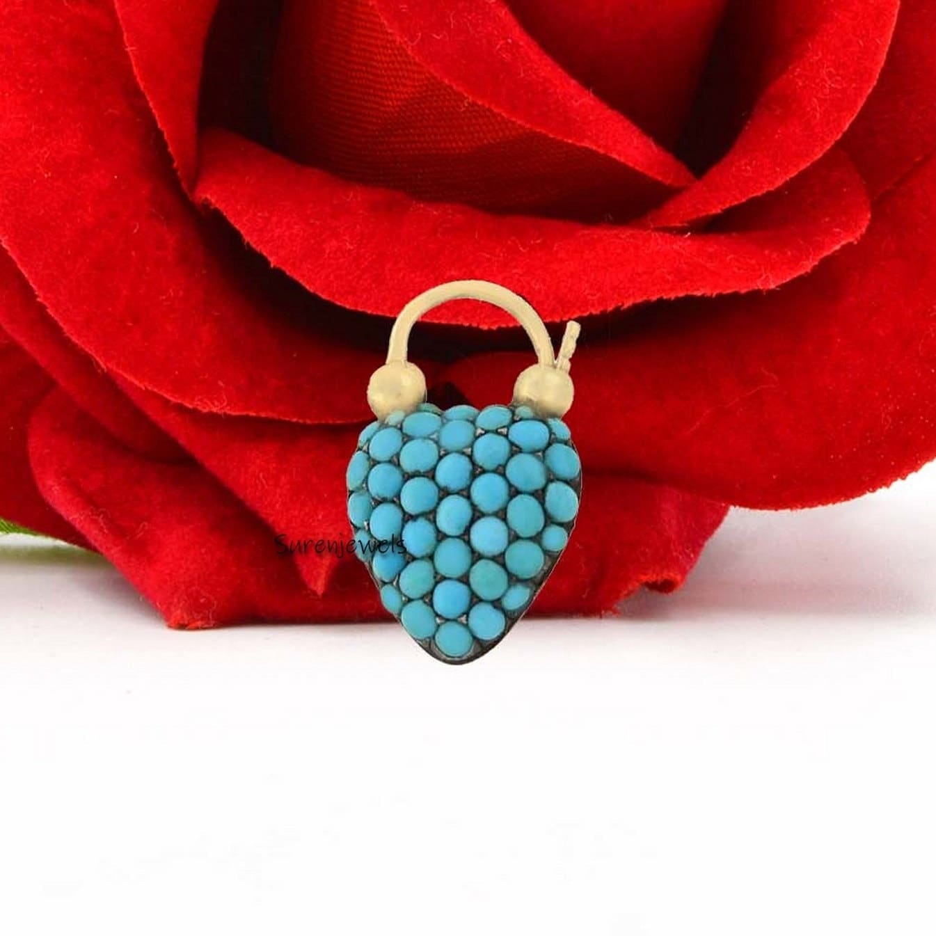 925 Silver Turquoise Heart Padlock: Gemstone Connector Pendant - View 7 - Suren Jewels | SKU: SJP1345-SLYGTQ-25M
