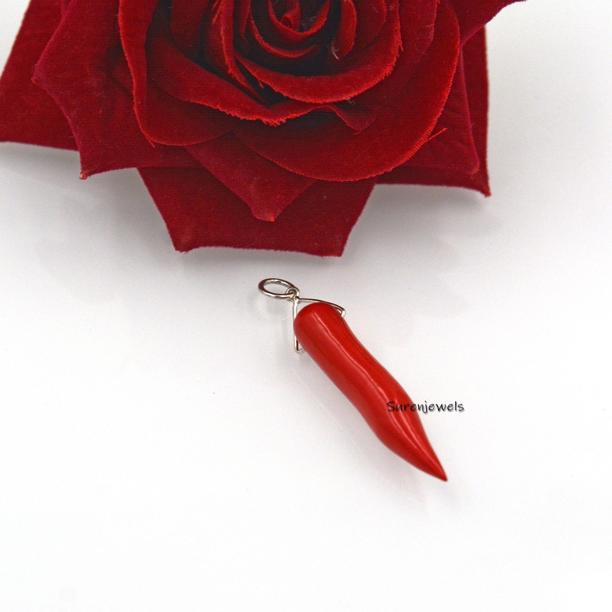 14k Gold Coral Horn Pendant: Italian Gemstone Jewelry - View 2 - Suren Jewels | SKU: SJP1763-