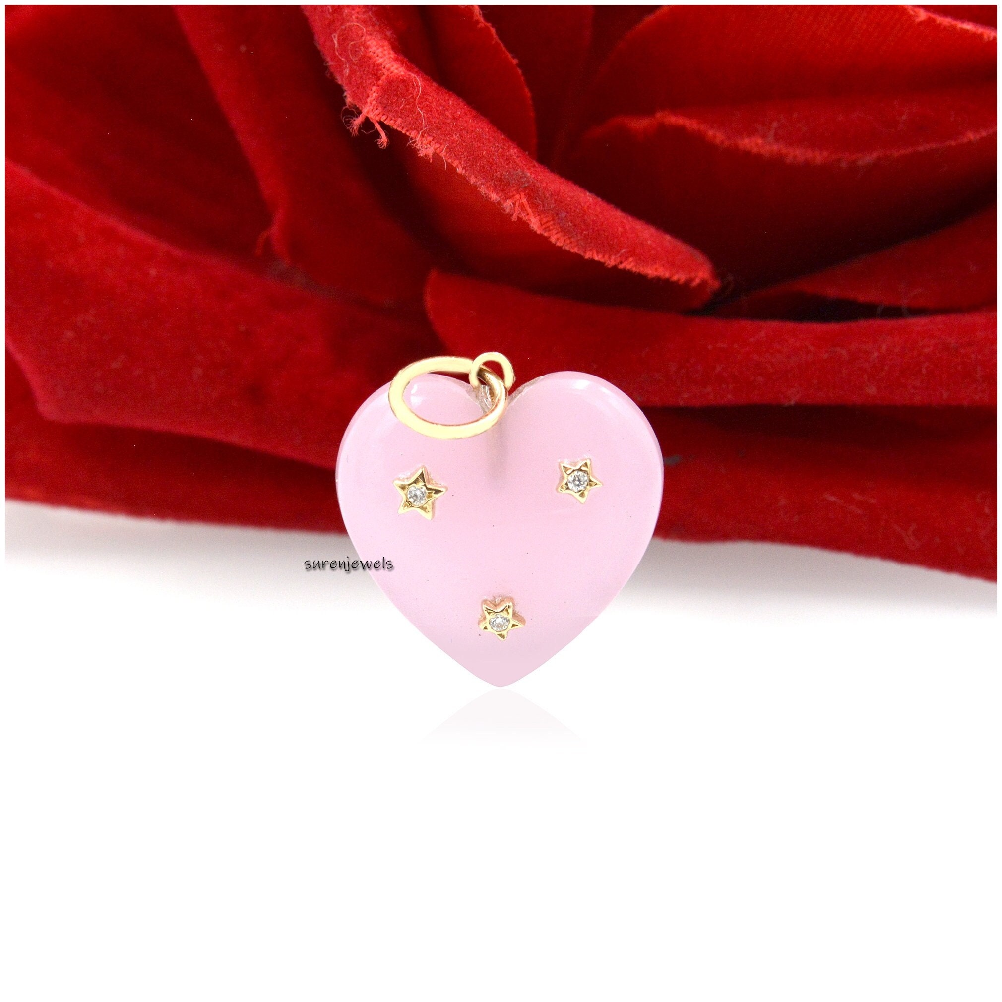 14K Gold Tiny Star Heart Pendant: Turquoise & Moissanite Charm - View 5 - Suren Jewels | SKU: SJP1450-SLYGCRMN