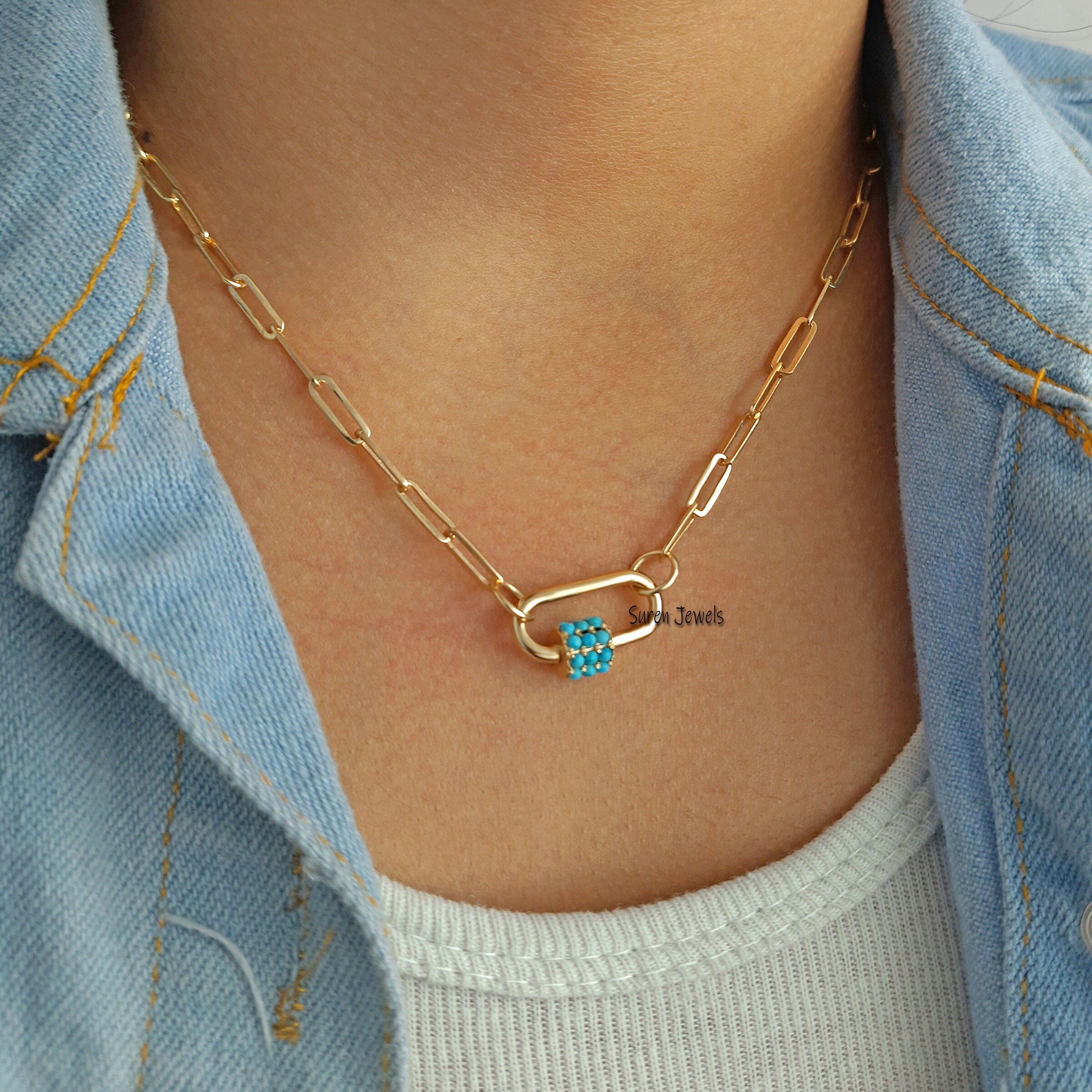 14K Gold Turquoise Carabiner Lock: Gemstone Accent - View 4 - Suren Jewels | SKU: SJC09-14KYGTQ-N47-18I