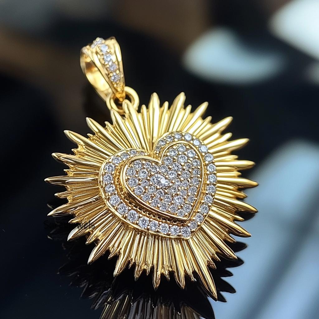 25mm 14K Gold Fluted Heart Pendant: Sunburst Charm - View 3 - Suren Jewels | SKU: SJP4391-9KYGDI-25M,SJP5208-SLYGCZ-25M,SJP55