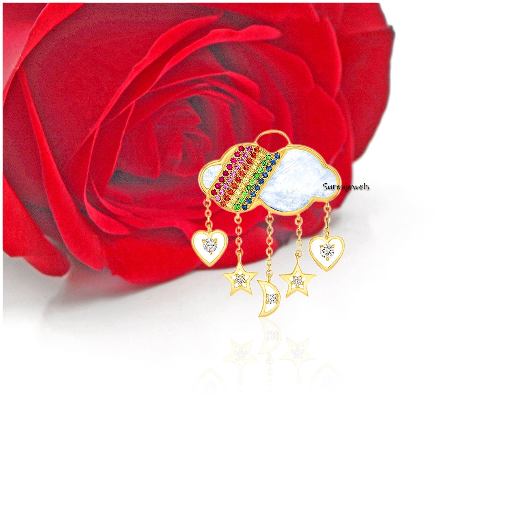 14K Gold Cloud Pendant: Gemstone Star Moon Charm - View 4 - Suren Jewels | SKU: SJP1307-14KYGMNPLMTCS-25M