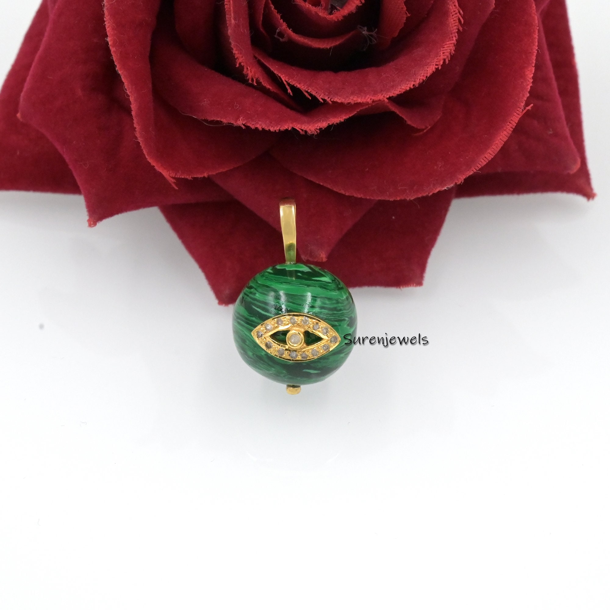 14k Gold Carved Gemstone Evil Eye Ball Pendant- handmade Carving Jewelry - View 3 - Suren Jewels | SKU: SJP2794