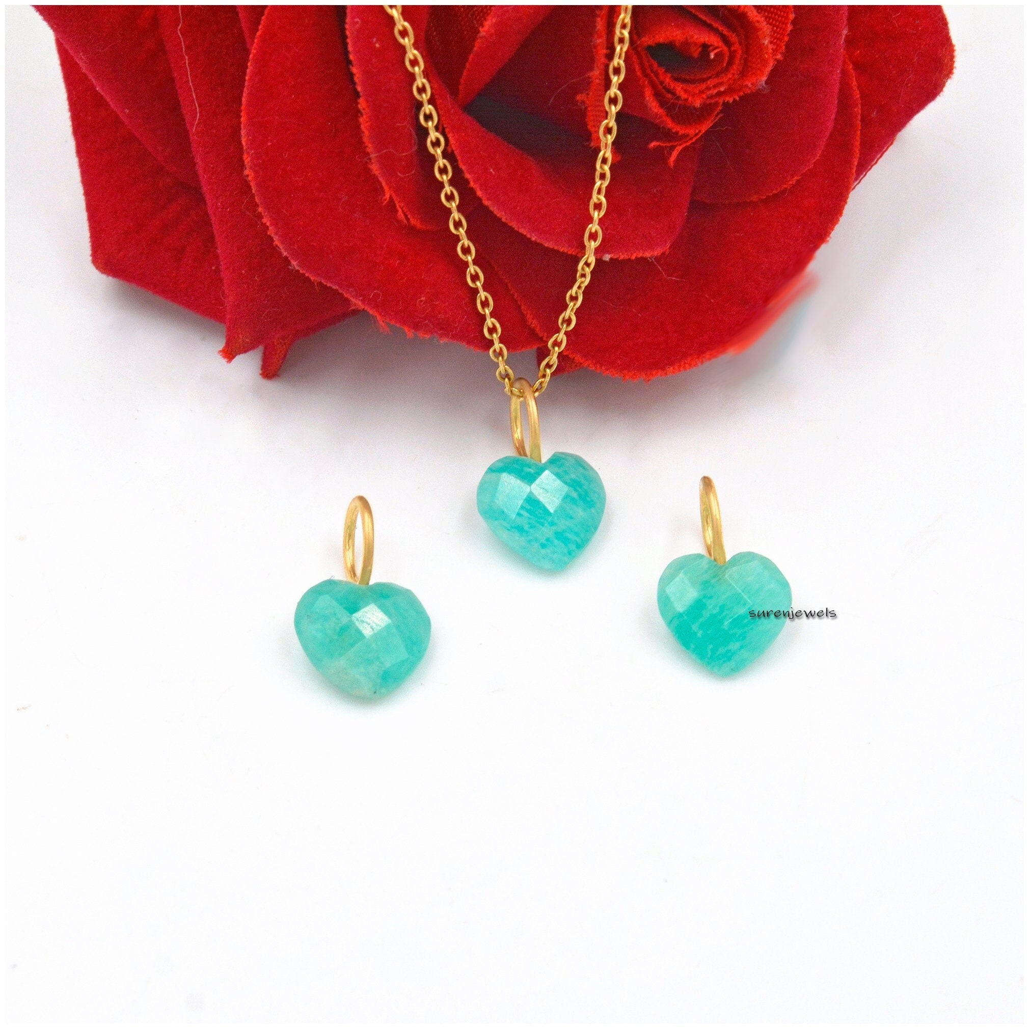 14K Gold Gemstone Heart Charm: Turquoise, Malachite, Designer Pendant - View 2 - Suren Jewels | SKU: SJP1169-SLYGTQ