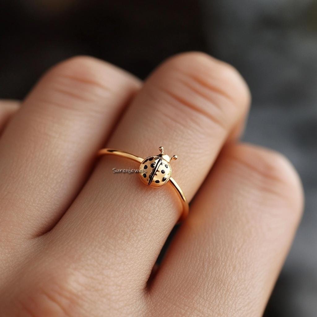 14k Gold Ladybug Ring: Dainty Handmade Animal Jewelry - View 2 - Suren Jewels | SKU: SJR2897-SLYGBKCZ-US-7