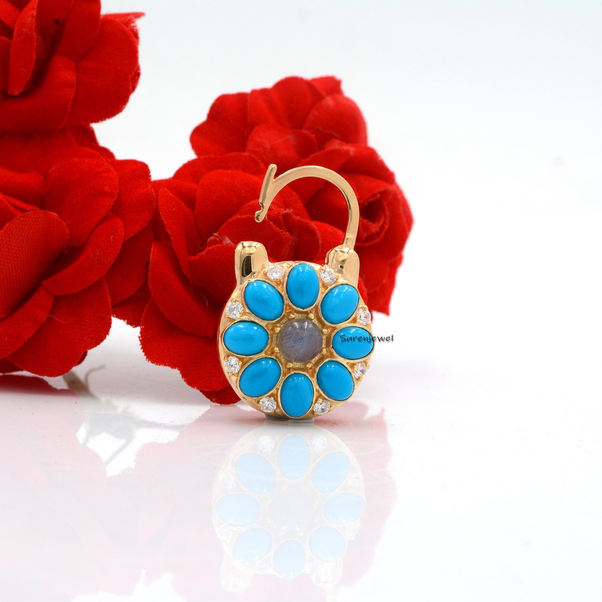 925 Silver Turquoise Floral Padlock: Gemstone Connector Pendant - Suren Jewels | SKU: SJP505-SLYGTQLBWT-N74-18I-925