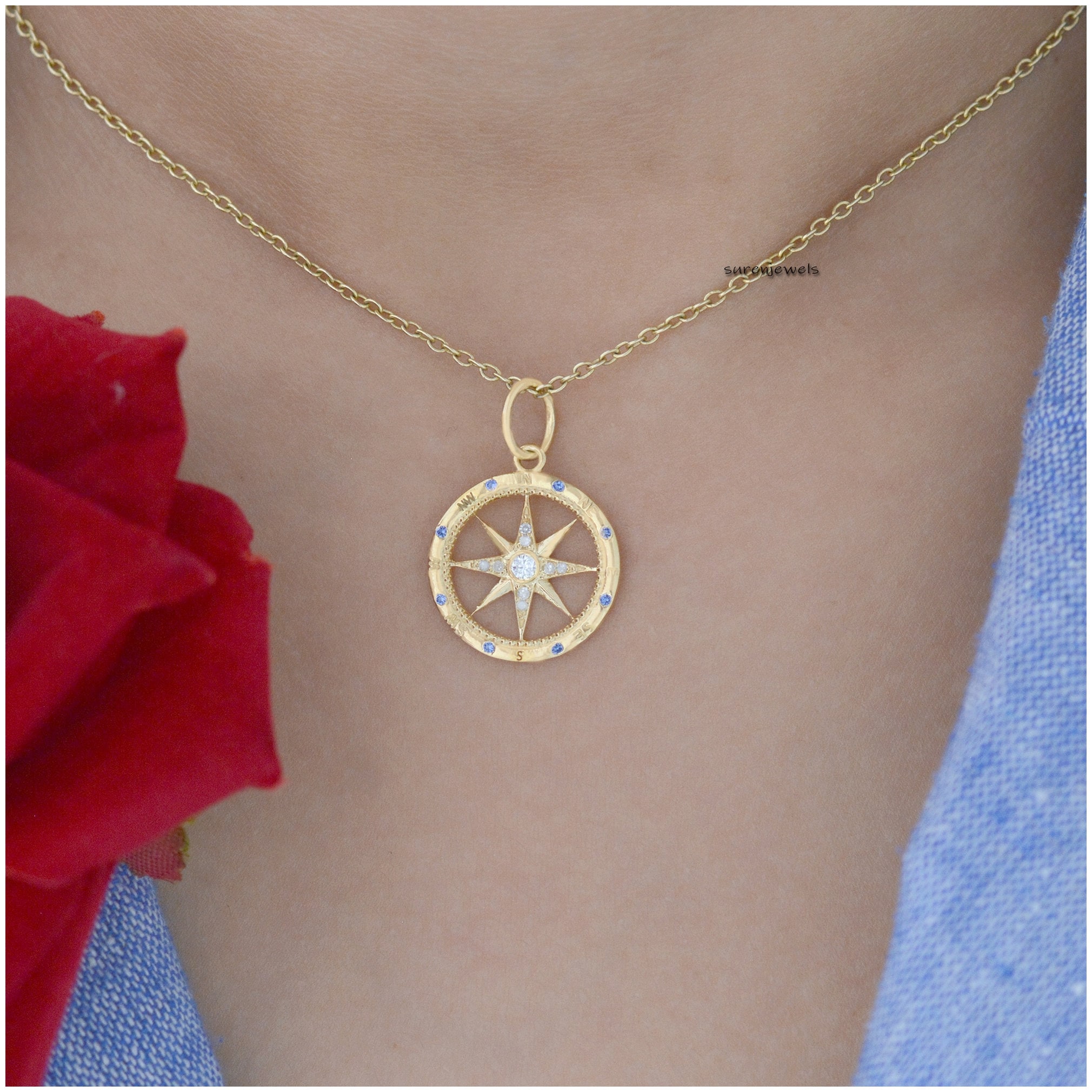 925 Silver Diamond Compass Pendant: Moissanite & Sapphire - View 2 - Suren Jewels | SKU: SJP1243-SLYGDIBSPMN-22M