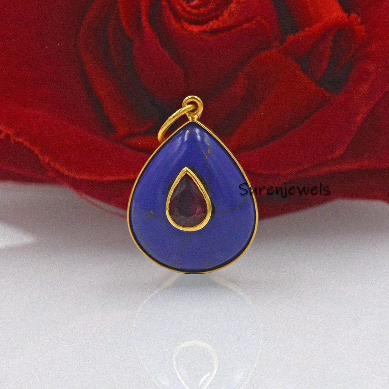 14K Gold Malachite Teardrop Pendant: Designer Gemstone Drop - View 5 - Suren Jewels | SKU: SJP1574-SLYGAMCZ