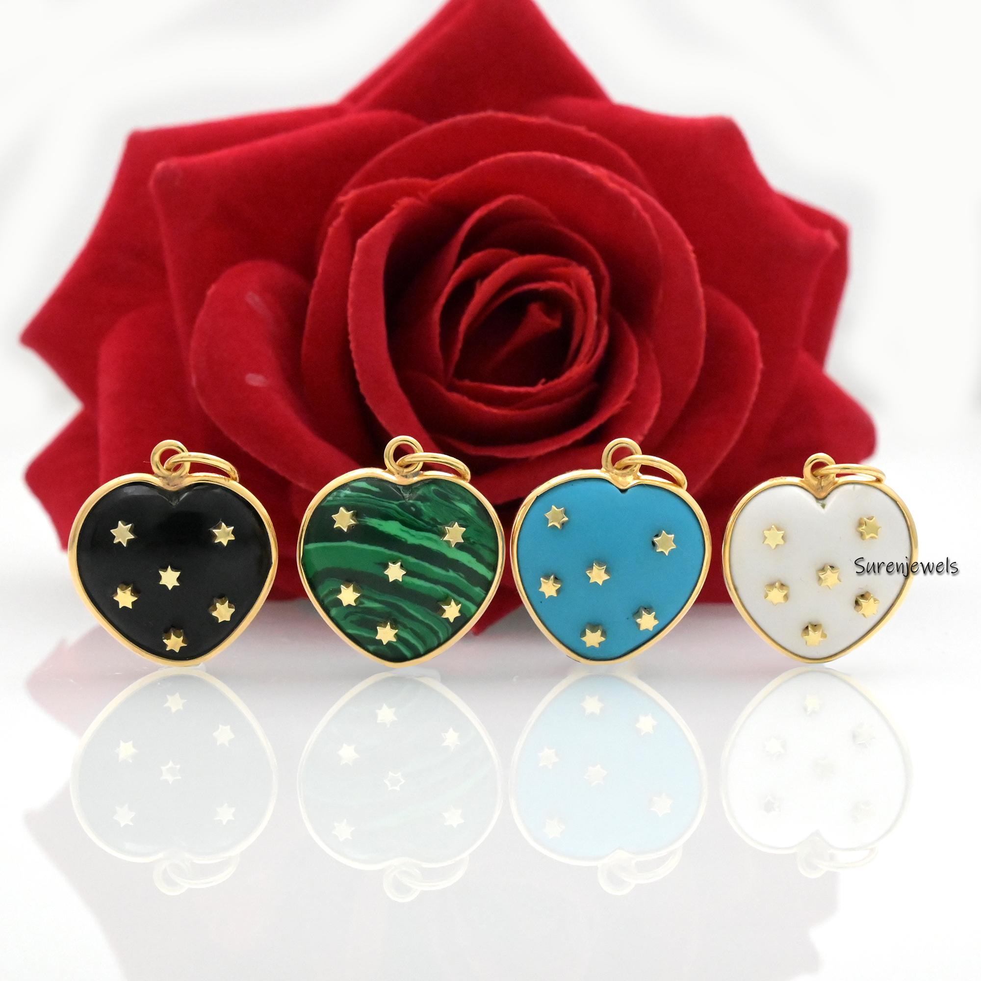Handmade 14K Gold Gemstone Heart Pendant, Tiny Star Design - Suren Jewels | SKU: SJP758-14KYGHT-20M