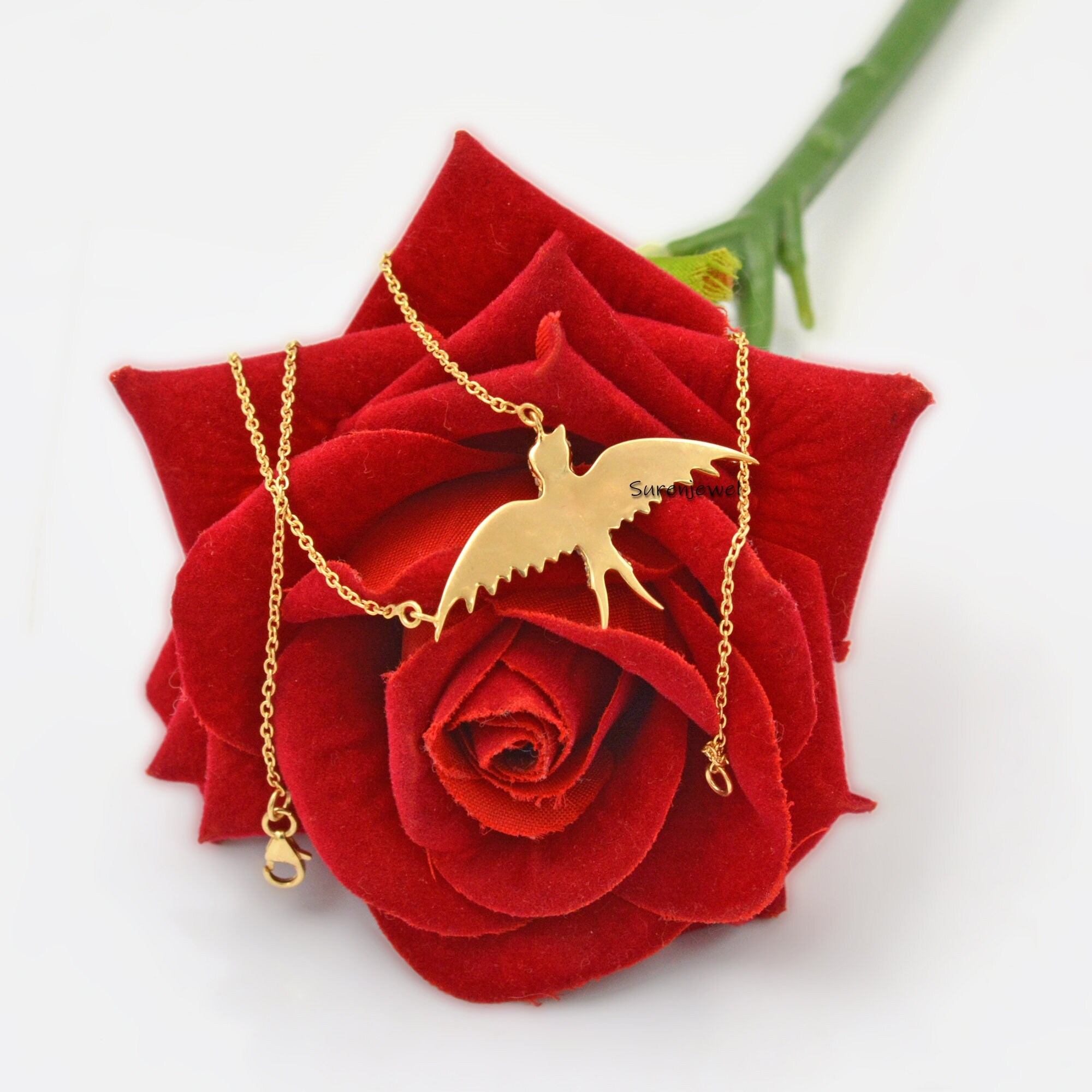 925 Silver Diamond Swallow Pendant: Gemstone Bird Charm - View 3 - Suren Jewels | SKU: SJN638-SLYGDIRU-14I