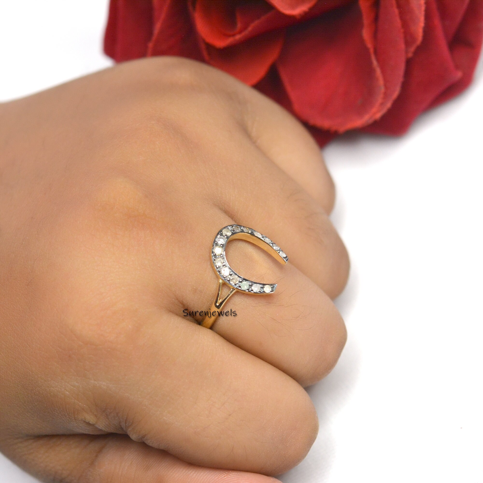 14k Gold Horseshoe Ring with Moissanite Diamond - View 4 - Suren Jewels | SKU: SJR1084-9KYGRHDI-US-8