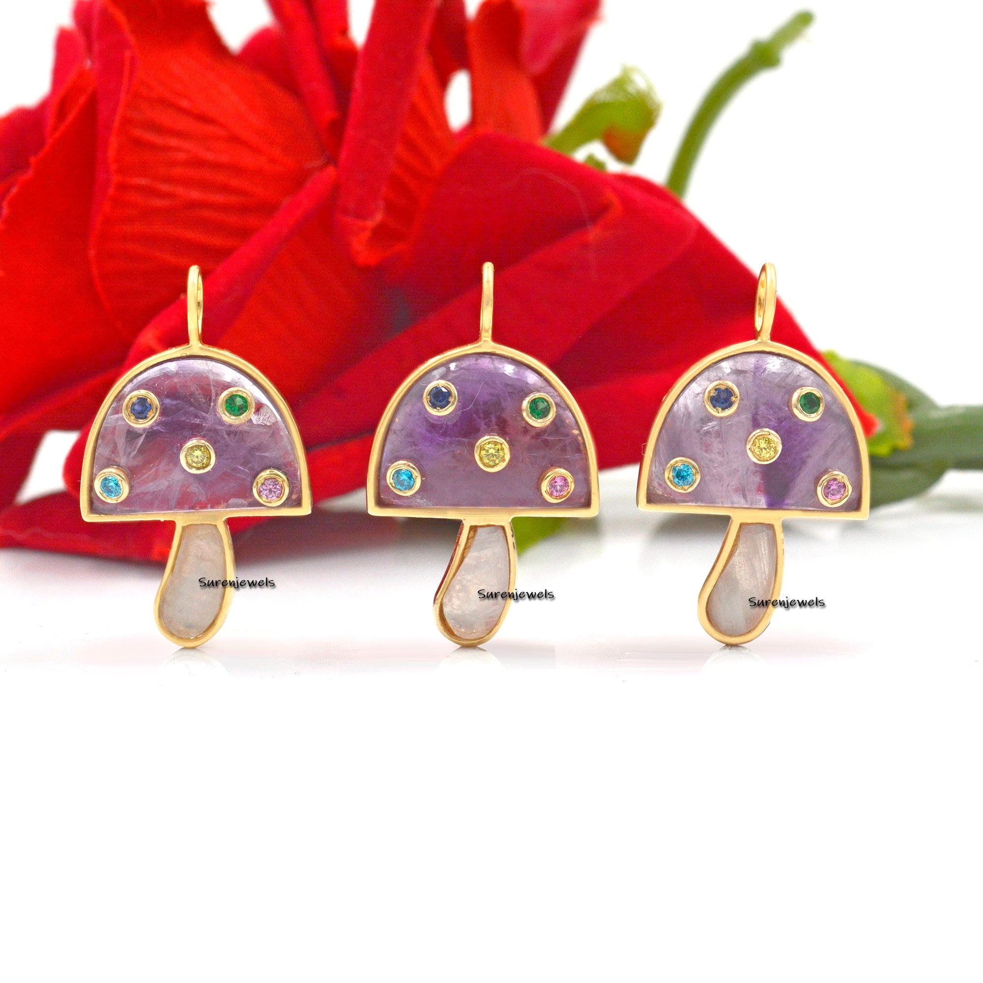 14k Solid Gold Mushroom Pendant: Gemstone Inlay, Unique Design - View 5 - Suren Jewels | SKU: SJP980