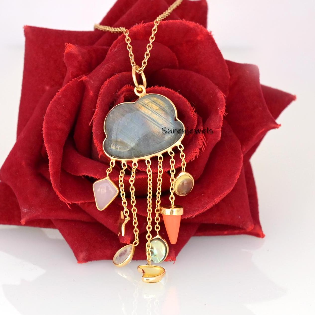 Hand Carved 14K Gold Gemstone Rainy Cloud Pendant - View 6 - Suren Jewels | SKU: SJP2667-SLYGMSMT