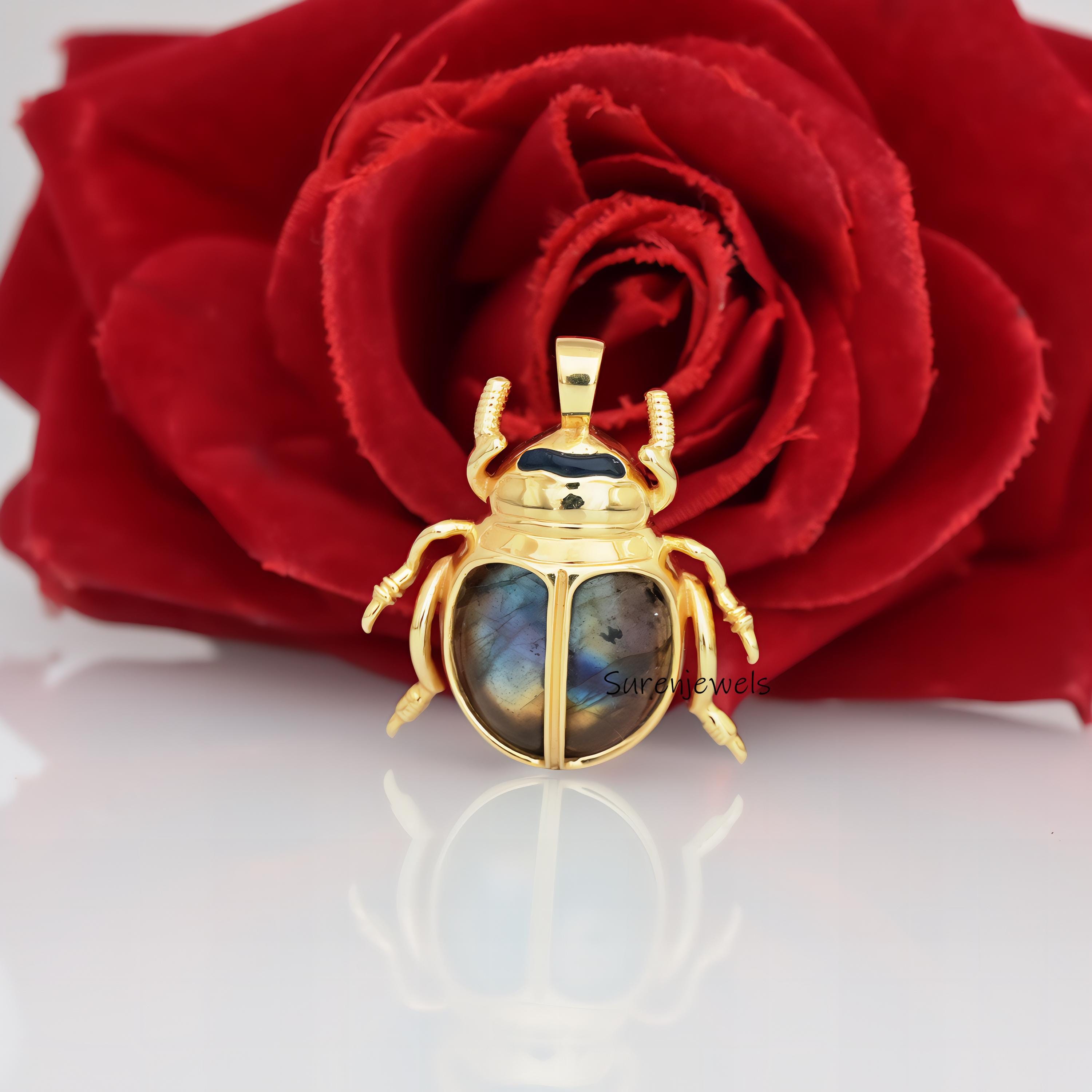 14K Gold Gemstone Scarab Charm: Hand Carved Amulet - View 7 - Suren Jewels | SKU: SJP4233-SLYGLPZBS-35M,SJP4234-SLYGLPZ-35M,S
