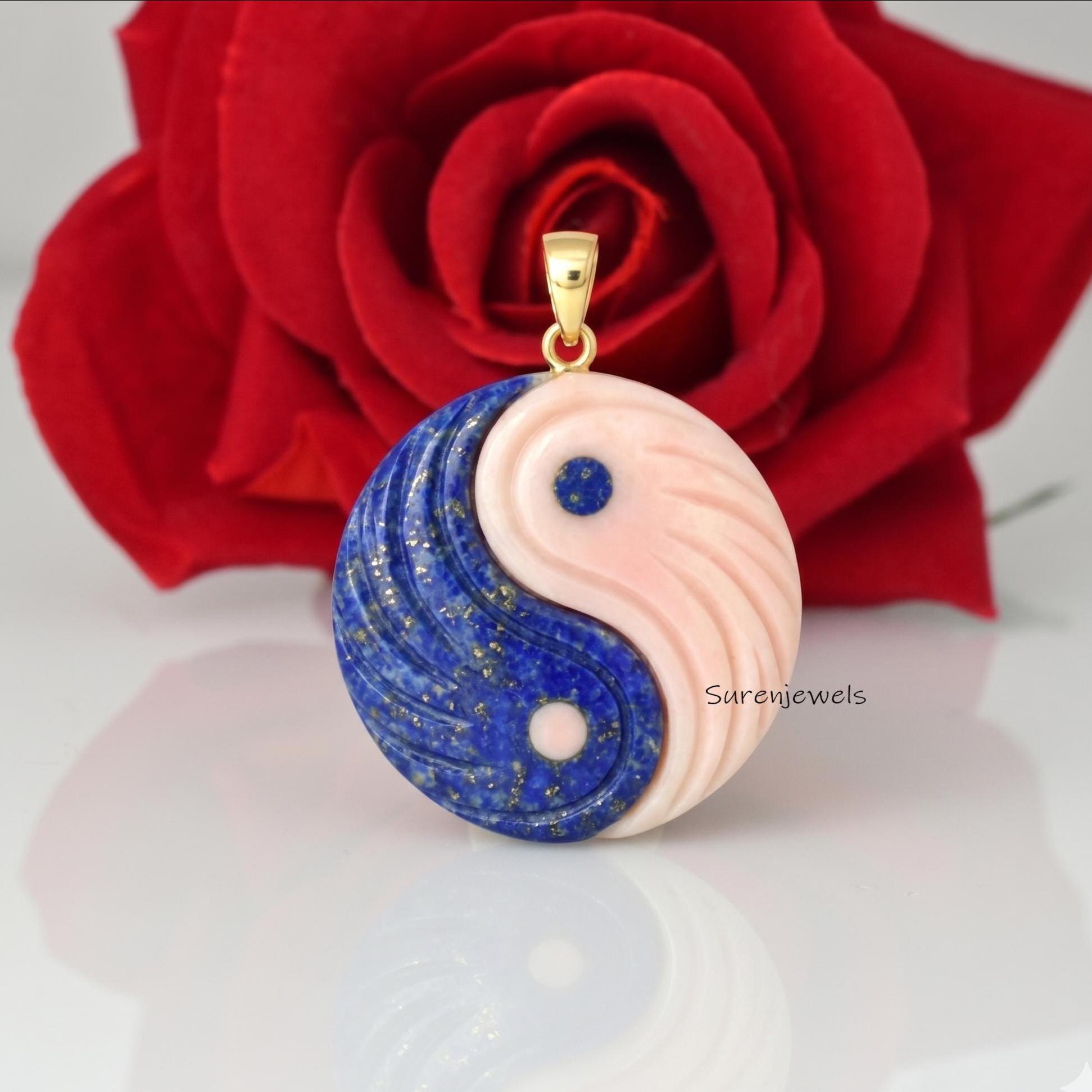 925 Silver Yin Yang Pendant, Natural Lapis Lazuli & Pink Opal Yin Yang Pendant, Handmade Gemstone Spiritual Balance Jewelry -