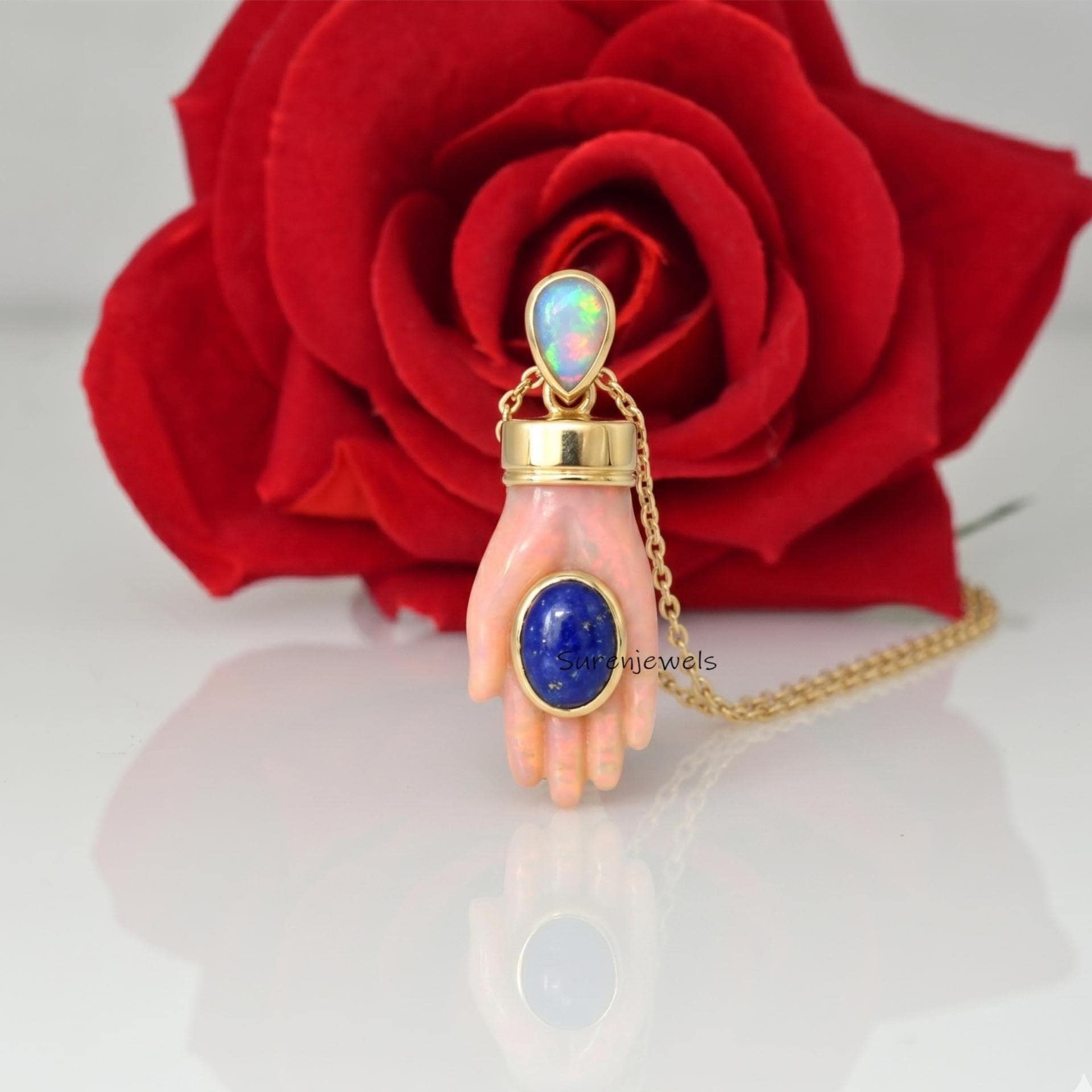 hand Carved 14k Gold Gemstone Figa Hand Pendant - Suren Jewels | SKU: SJP