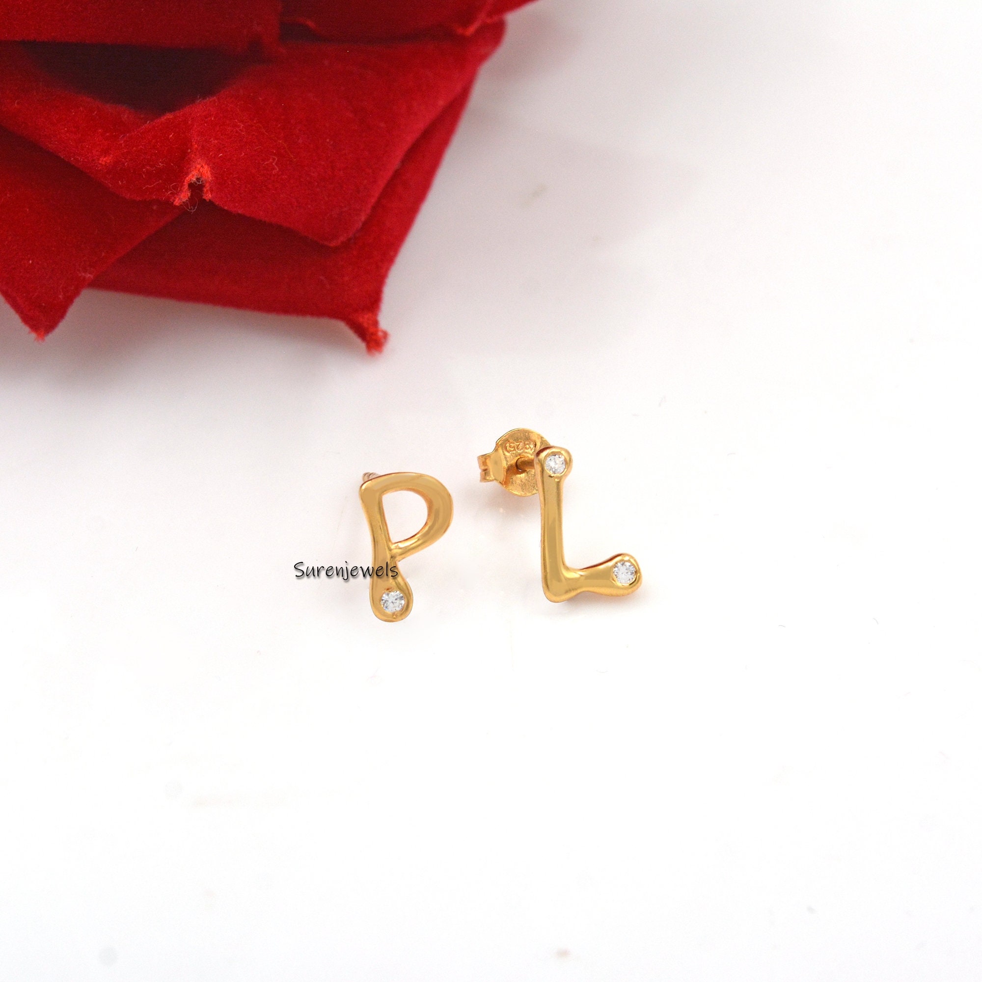 14k Gold Bubble Initial Stud Earrings with White Topaz - View 4 - Suren Jewels | SKU: SJE944-SLYGWT-C