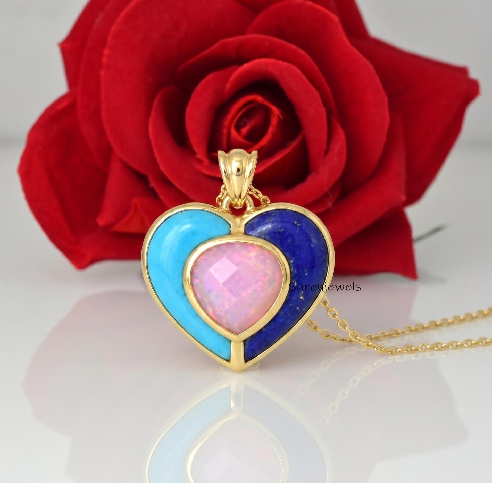 14k Gold Gemstone Heart Pendant: Designer heart Pendant, Handmade Heart Pendant - Suren Jewels | SKU: SJP