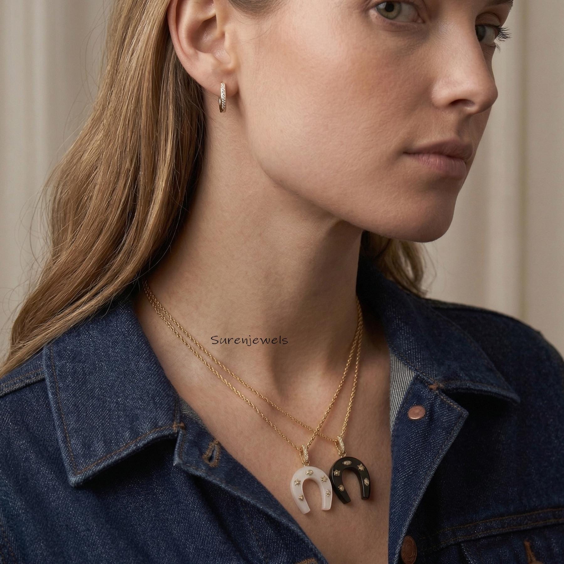 14k Gold Hand Carved Gemstone Horseshoe pendant - View 2 - Suren Jewels | SKU: SJP