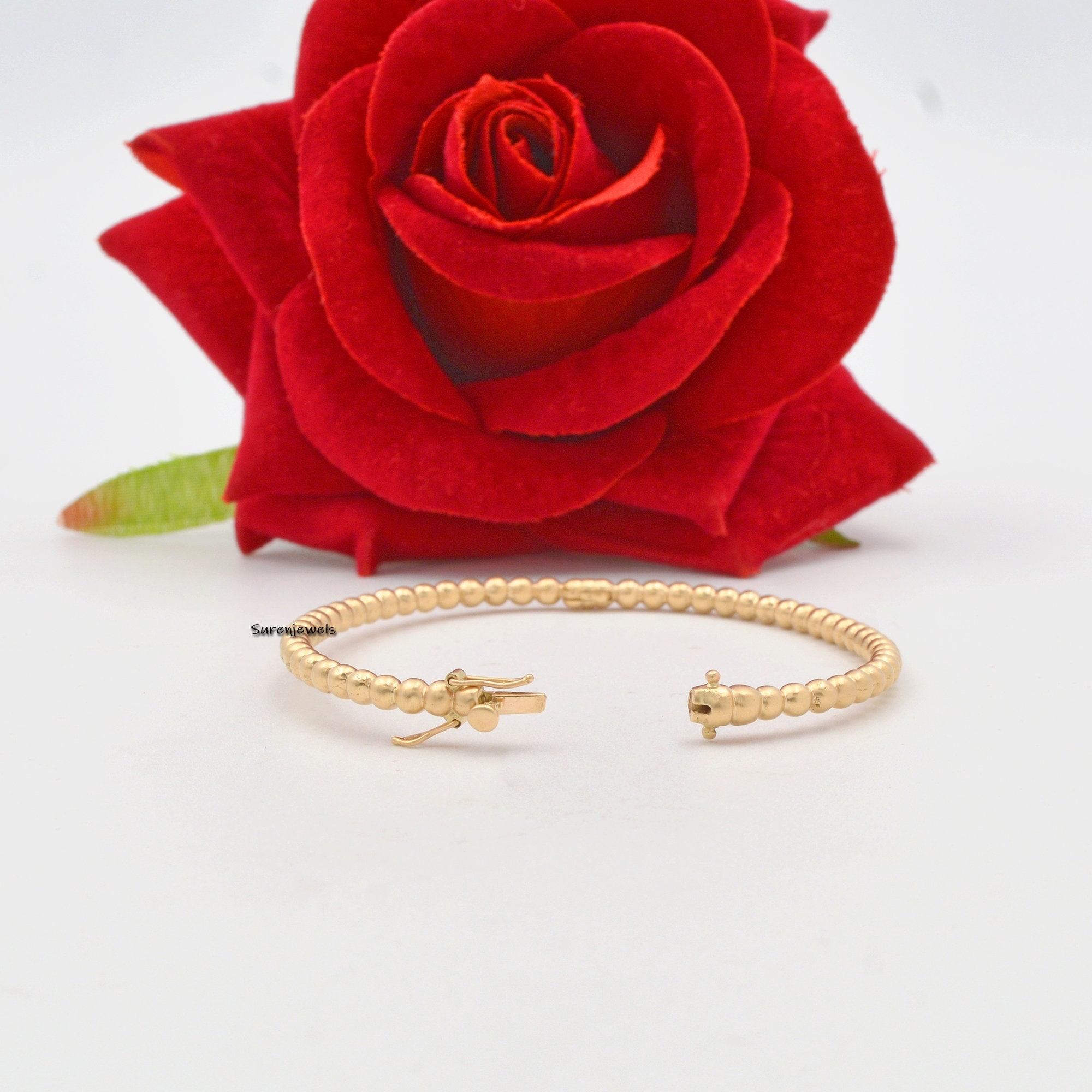 14k Solid Gold Bubble Beaded Bangle: Handmade Yellow Gold - View 2 - Suren Jewels | SKU: SJB55-14KYG