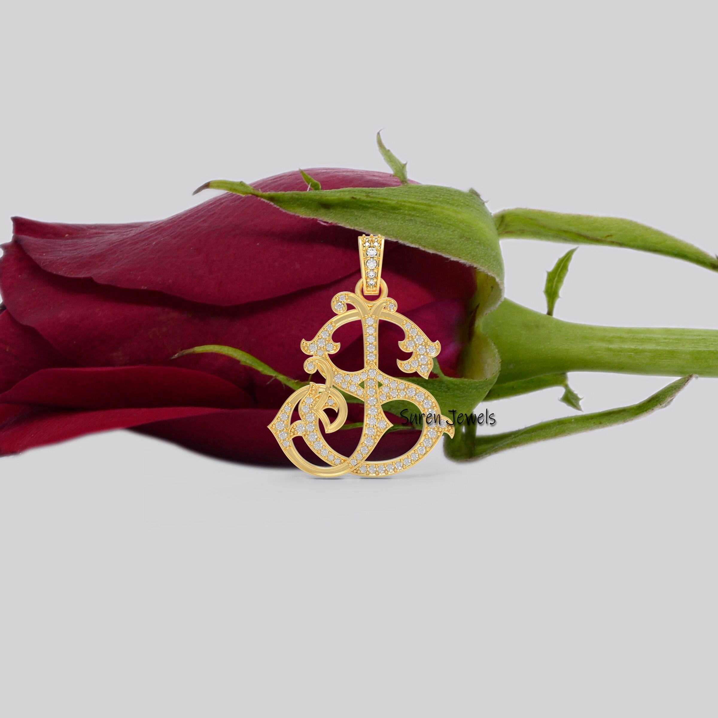 Sterling Silver Custom Monogram Pendant: CZ Initial Charm - View 5 - Suren Jewels | SKU: SJP540-SLYGDI-SJ