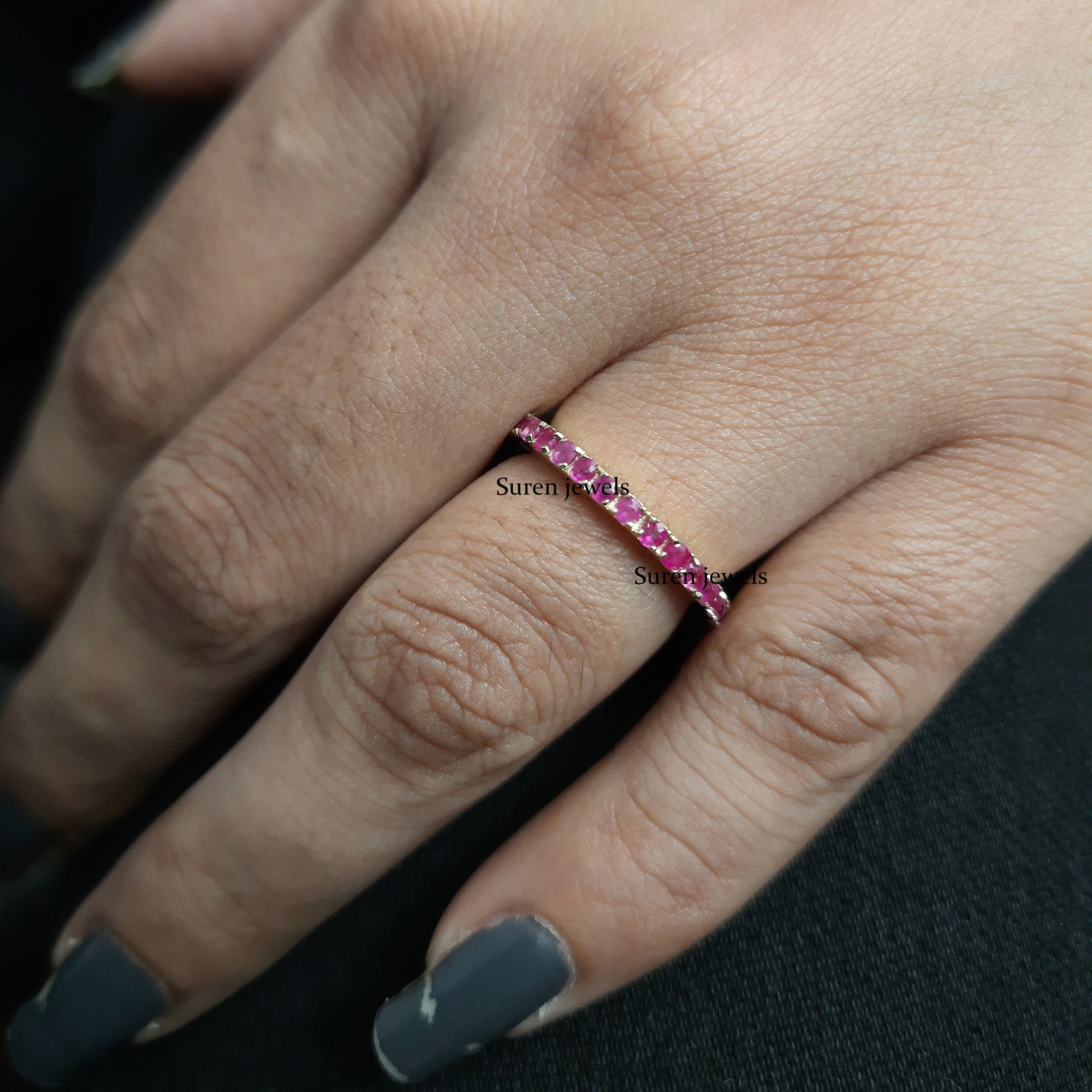 14K Yellow Gold Ruby Wedding Band: Dainty Stacking Ring - View 4 - Suren Jewels | SKU: SJR380-14KYGPSP
