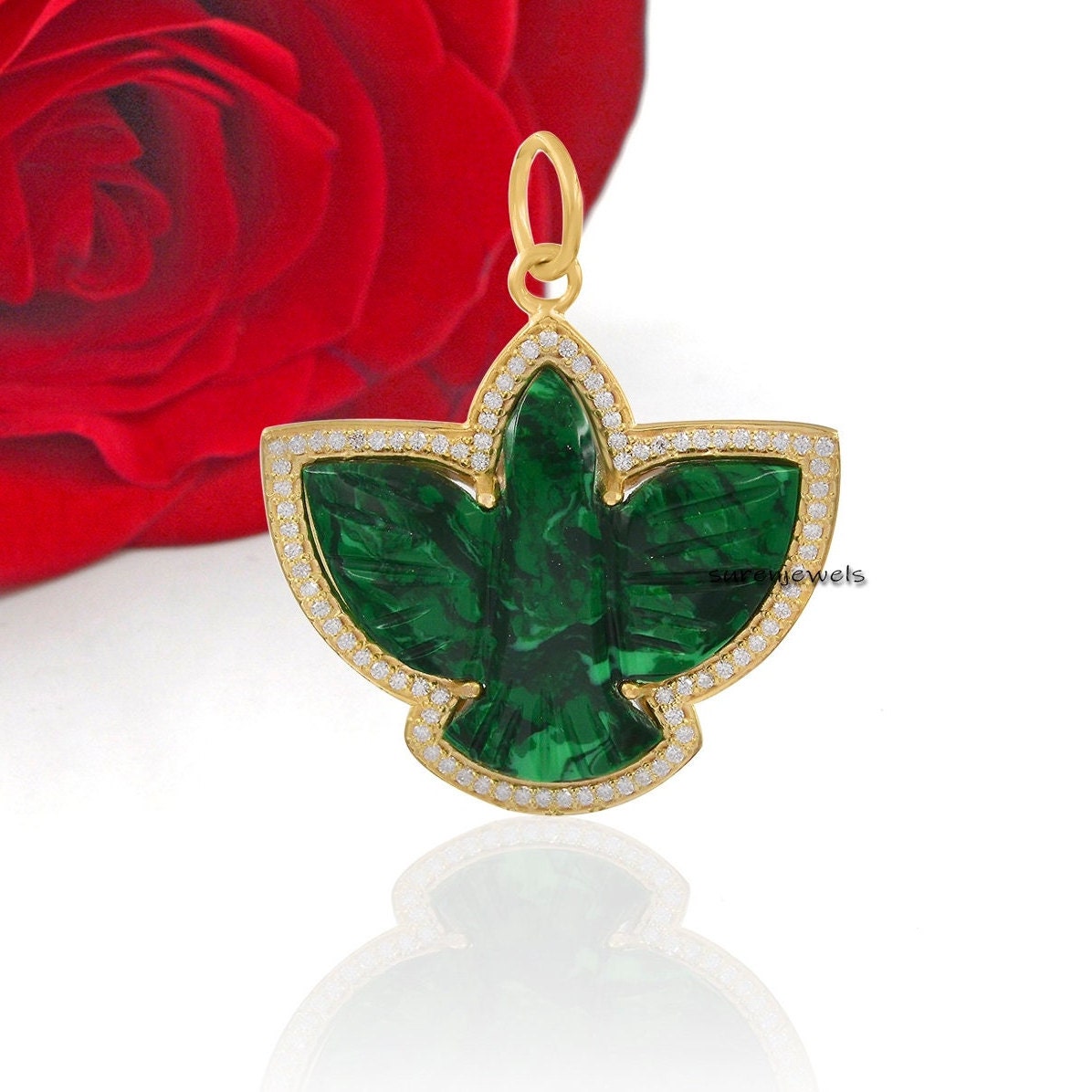 Carved Gemstone Bird Pendant: Designer Flying Swallow Charm - View 5 - Suren Jewels | SKU: SJP1314-SLYGMKMN