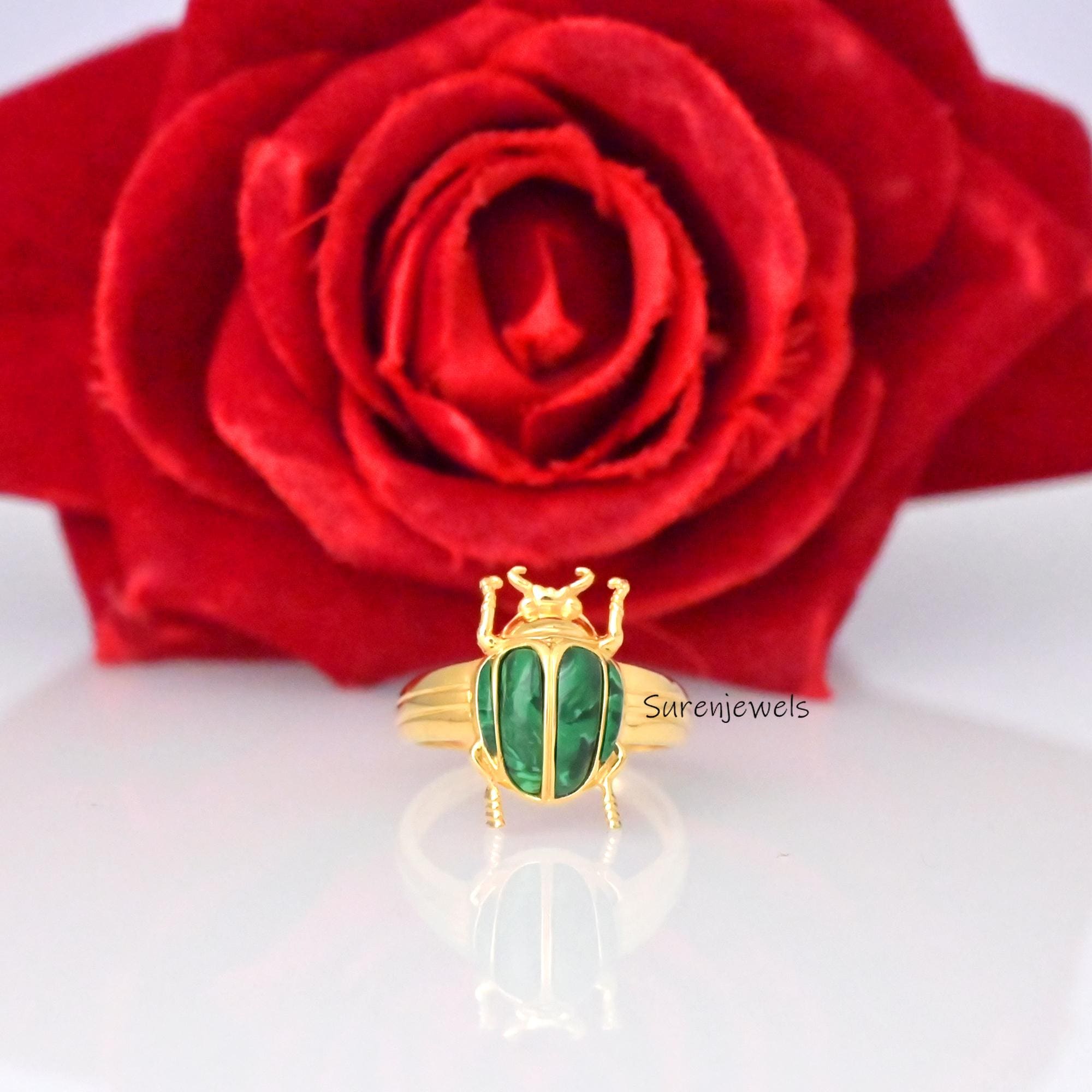 14k Gold Malachite Scarab Ring: Hand Carved Animal Ring - View 7 - Suren Jewels | SKU: SJR2927-SLYGMKBKCZ-US-8,SJR2865-SLNSMS