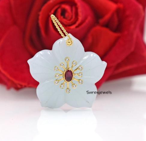 14K Gold Carved Opal Flower Charm: Ruby & CZ Pendant - View 2 - Suren Jewels | SKU: MJP4826-SLYGBCHRUCZ-25M-SJP3170