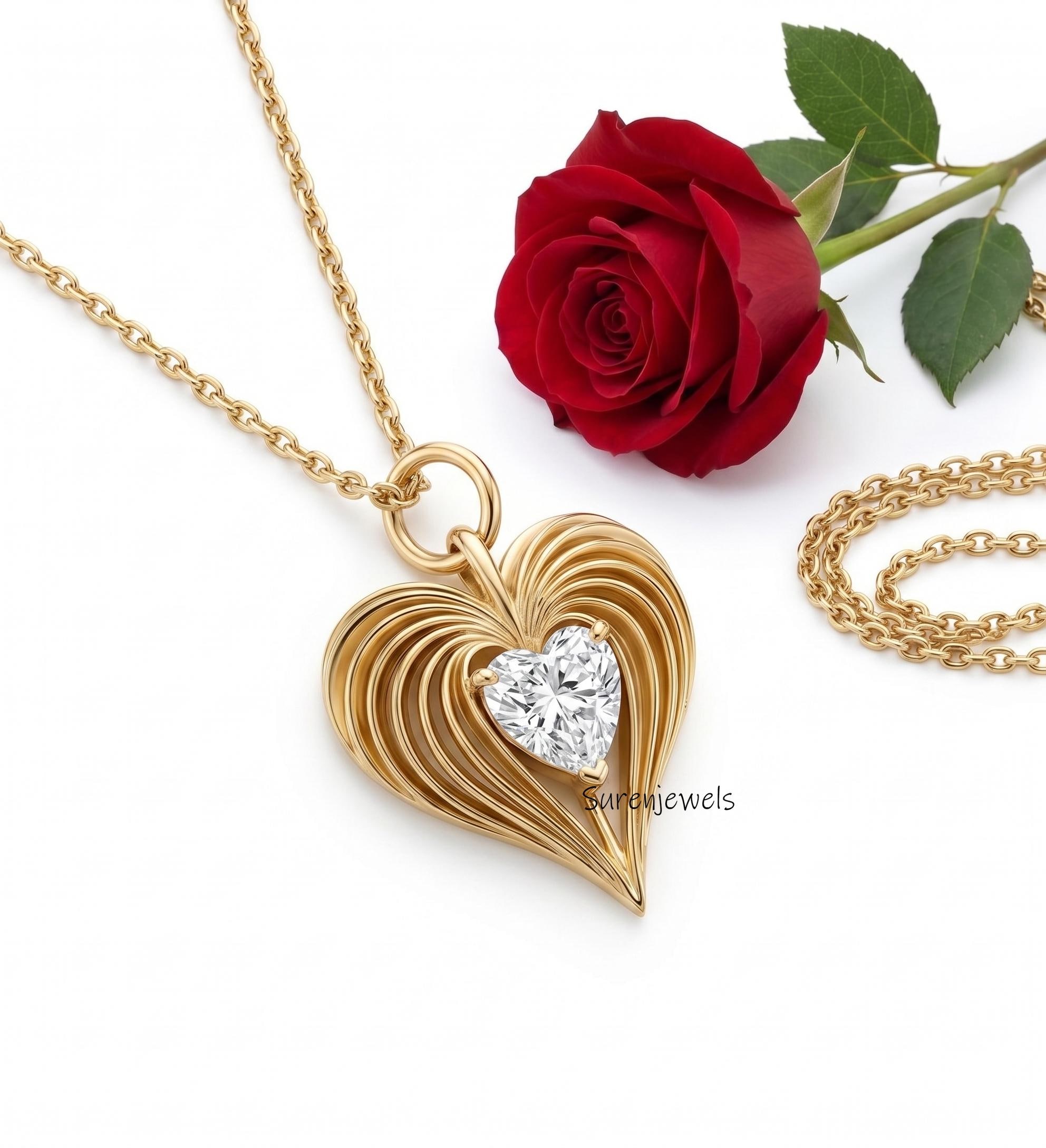 14K Gold Plated Fluted Heart Pendant, Puffy Fluted Heart Pendant, Designer Fluted Heart Pendant, Sunburst Style Fluted Detail