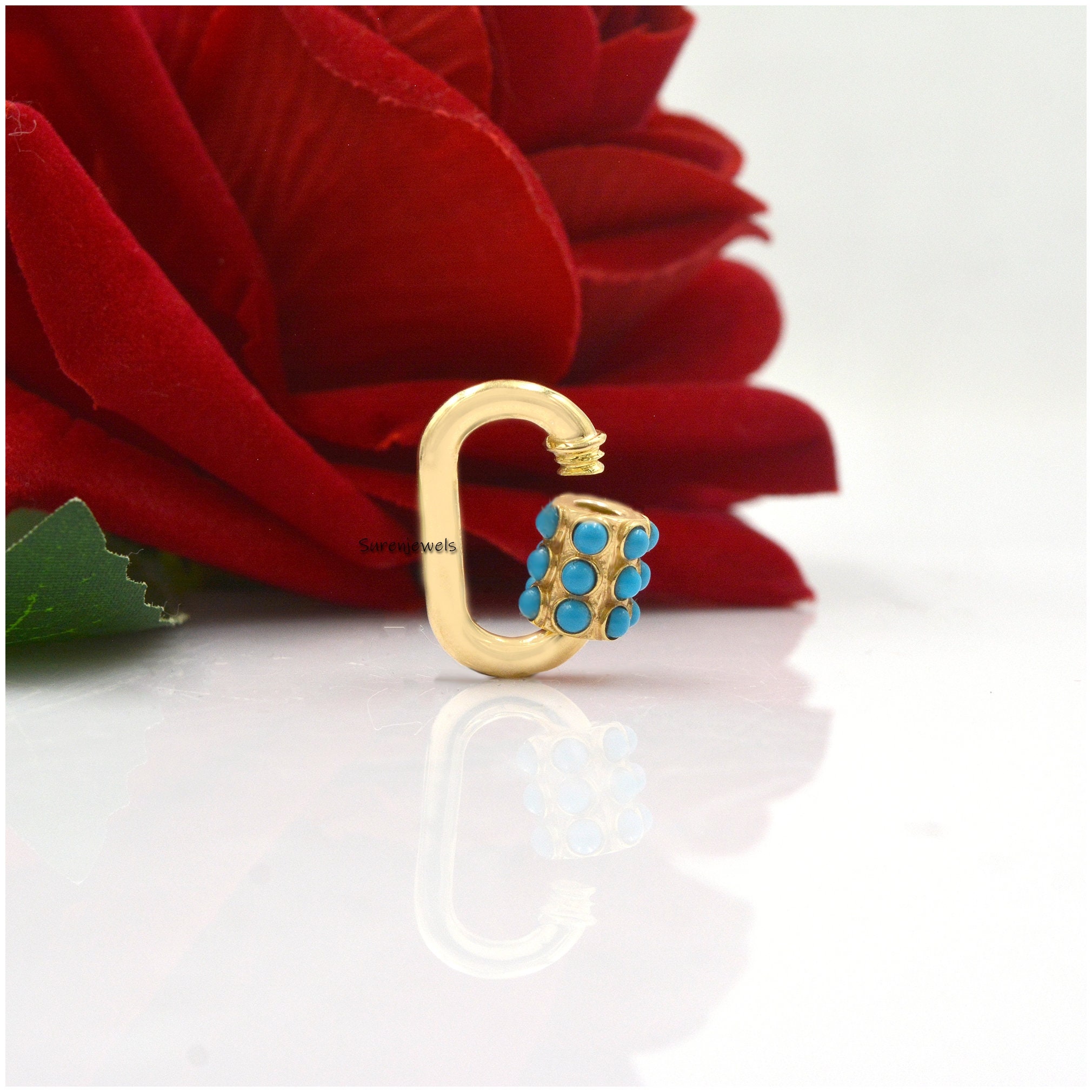 Turquoise 925 Sterling Silver Carabiner Lock: Handmade Jewelry Finding - View 2 - Suren Jewels | SKU: SJC34-SLYGTQ-25M-N22-18