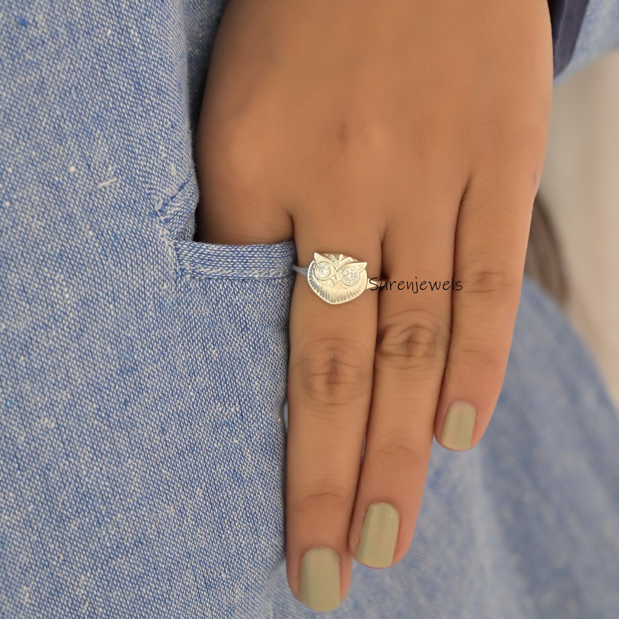 14k Gold Owl Ring: Dainty Animal Jewelry - View 7 - Suren Jewels | SKU: SJR2925-SLYGBKCZ-US-6,SJR2981-SLNSCZ-US-8,SJR