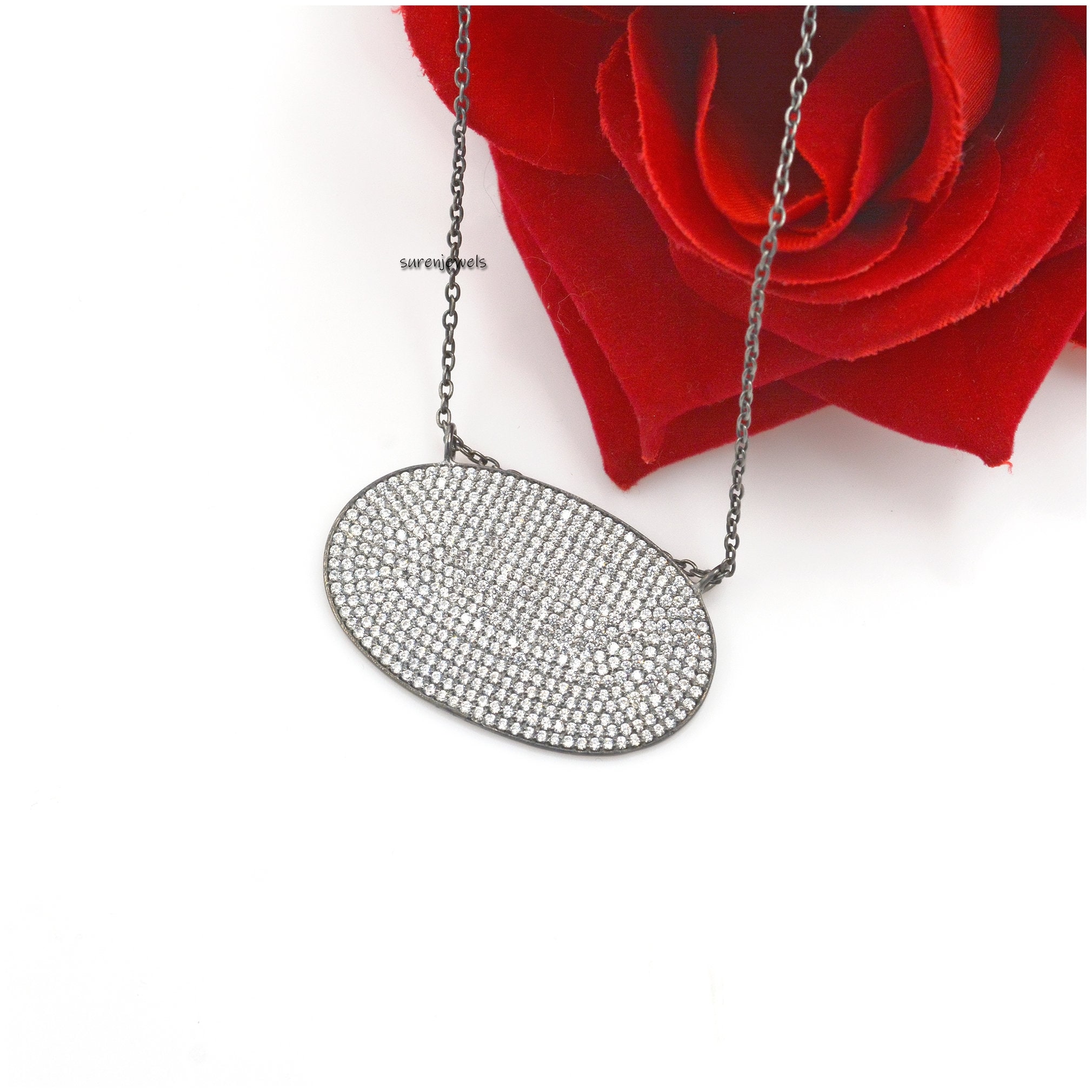 Sterling Silver Pave Diamond Oval Pendant (40x25 MM) - Suren Jewels | SKU: SJP560-SLYGDI-G19-SLYG-18I