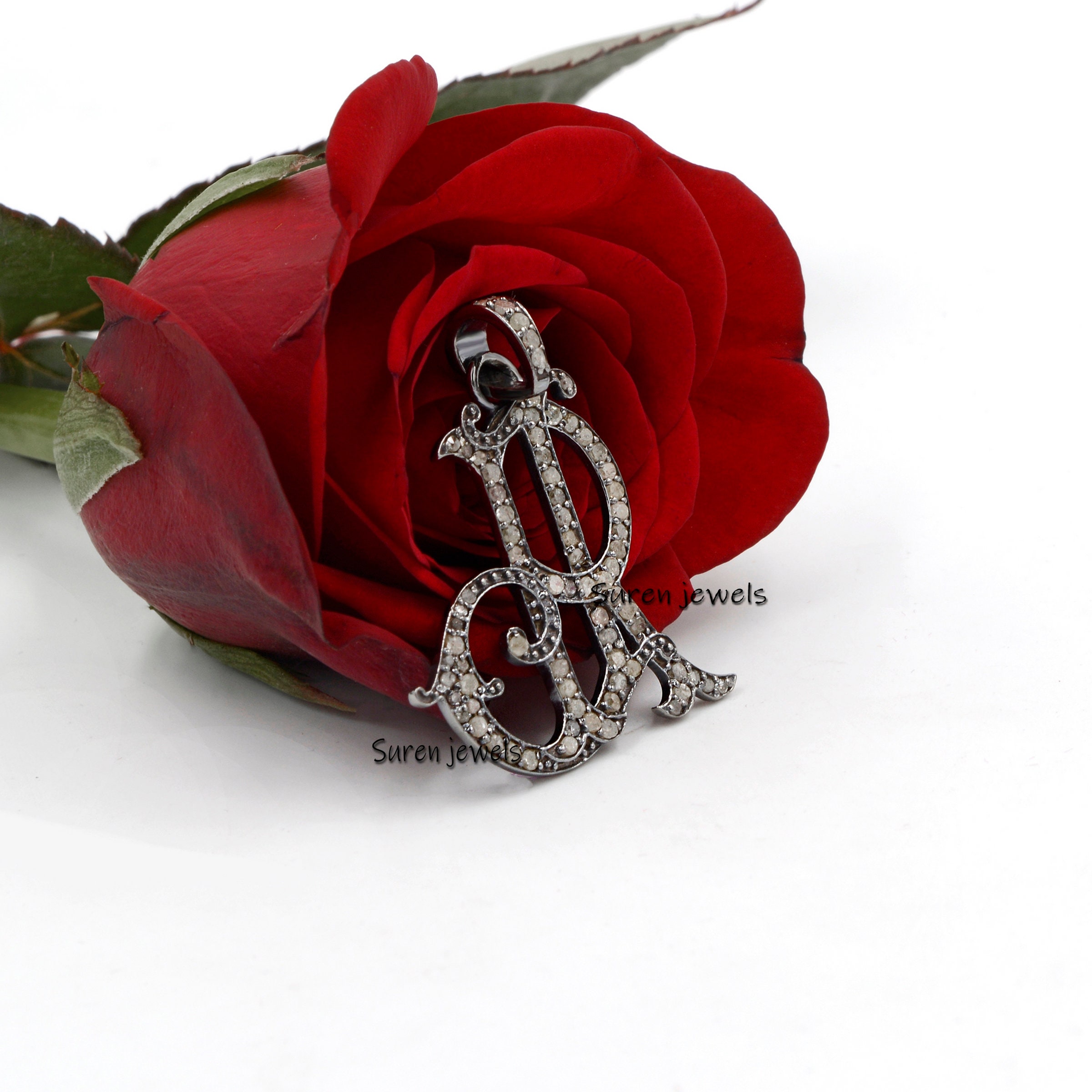 925 Silver Diamond Monogram Pendant: Custom Initial Jewelry - View 2 - Suren Jewels | SKU: SJP540-SLRHDI-JR