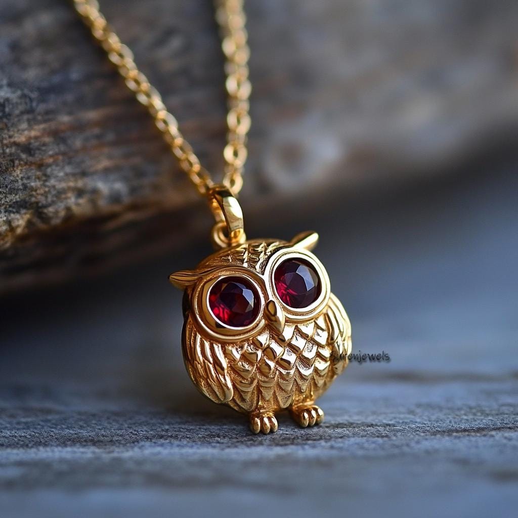 Garnet Owl Pendant: Carved Gemstone Charm - Suren Jewels | SKU: SJP5319-SLYGGT-22M