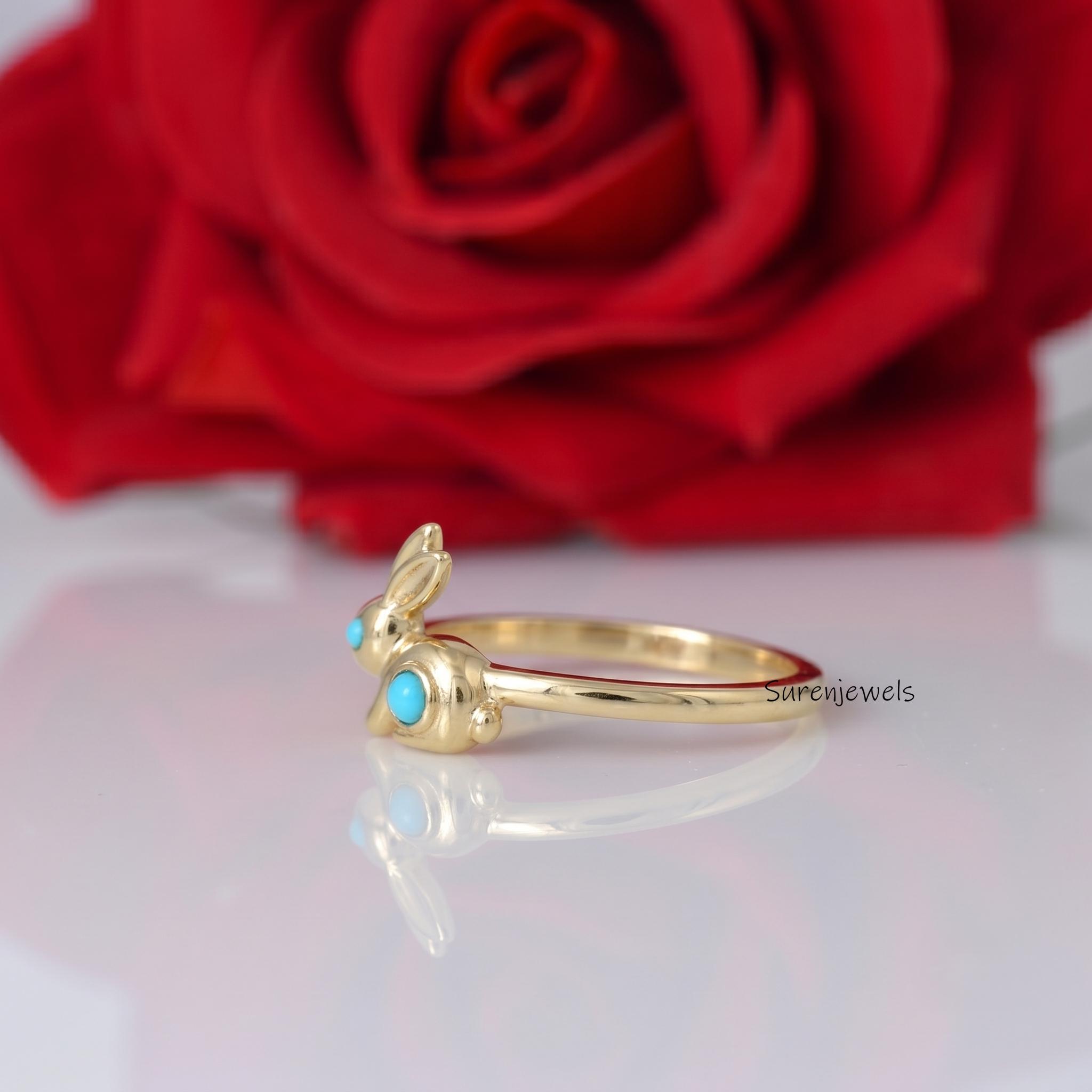 Turquoise Rabbit Ring, Gold Plated Bunny Jewelry, Animal Lover Gift, Delicate Nature Inspired Ring, Easter Bunny Ring, Cute G