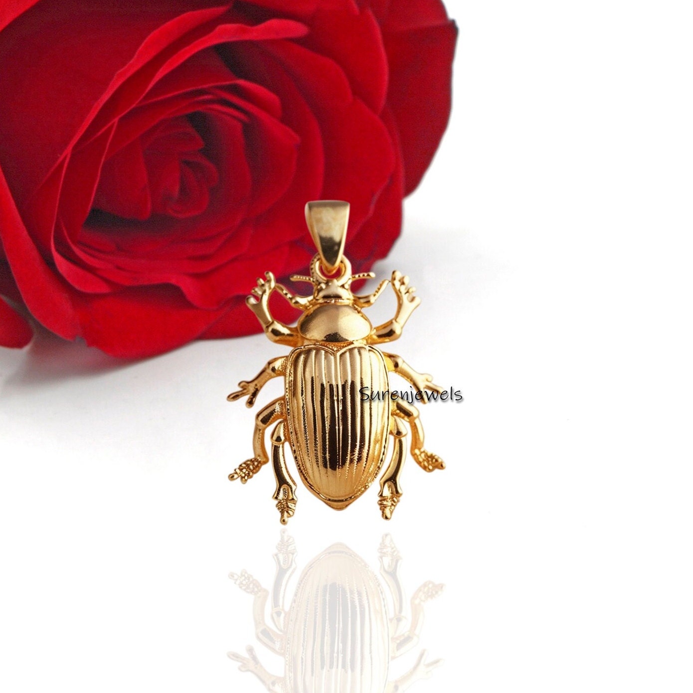 Solid 14K Gold Scarab Beetle Pendant: Spiritual Lucky Charm - View 3 - Suren Jewels | SKU: SJP3256-