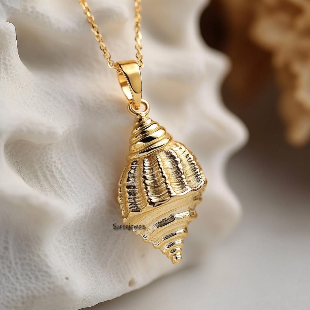 14k Gold Conch Shell Pendant: Spiral Tulip Design - View 2 - Suren Jewels | SKU: SJP4774-SLYG-25M