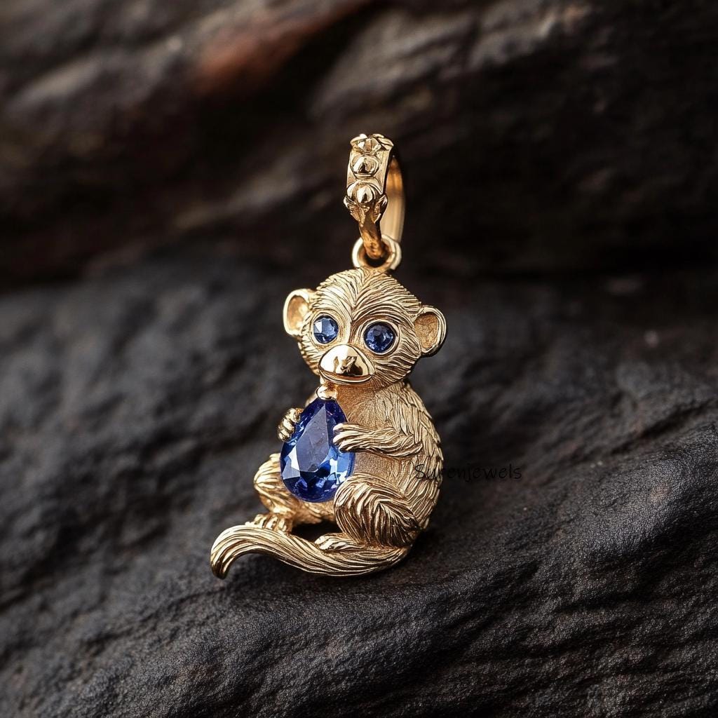 14k Gold Monkey Pendant with Gemstone: Carved Animal Jewelry - View 4 - Suren Jewels | SKU: SJP4943-SLYGBCZ-20M,SJP4923-SLYGB