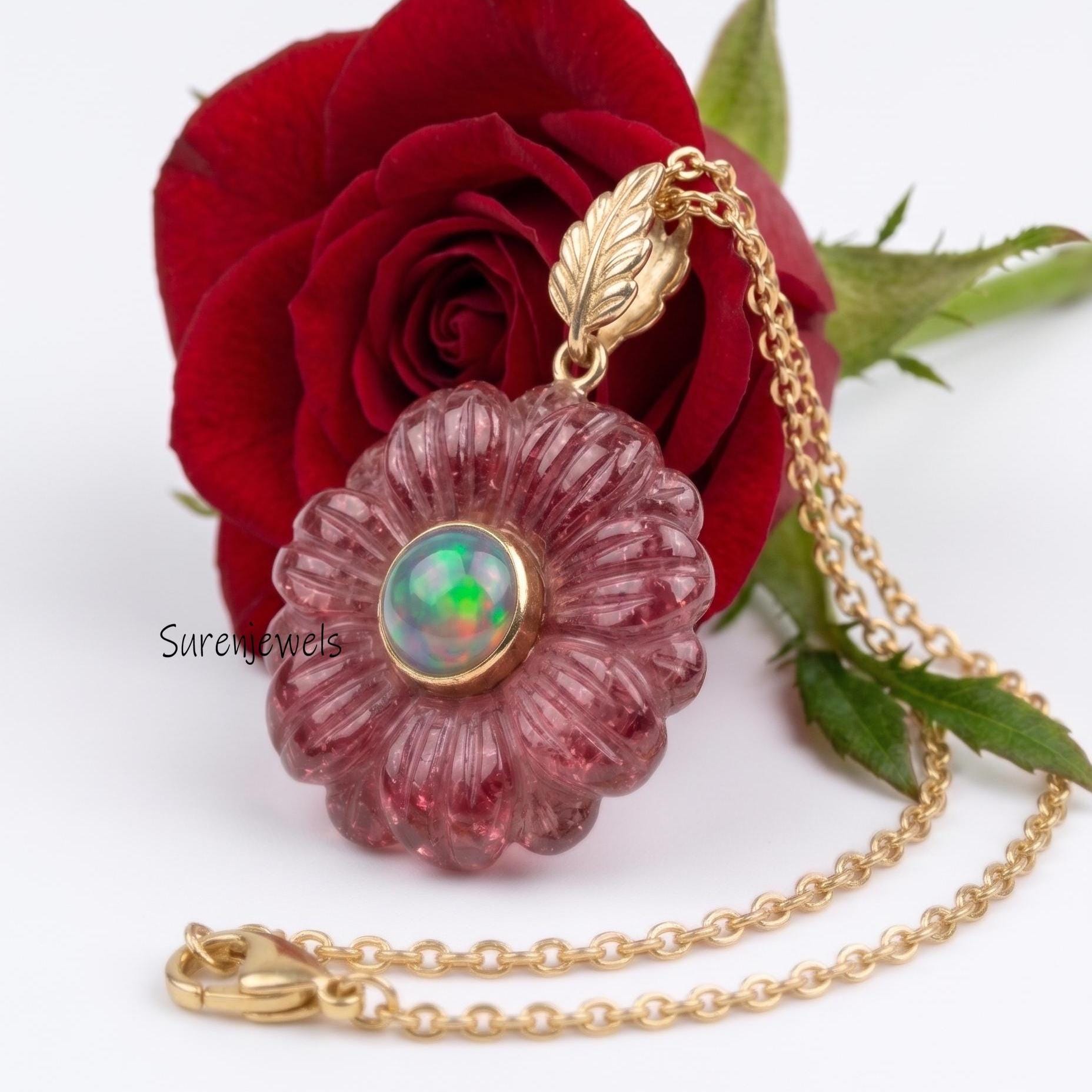 14k Gold Gemstone Flower Pendant, All Gemstone Designer Flower Charm, Quartz Flower Pendant, Unique Flower Pendant, Turquoise