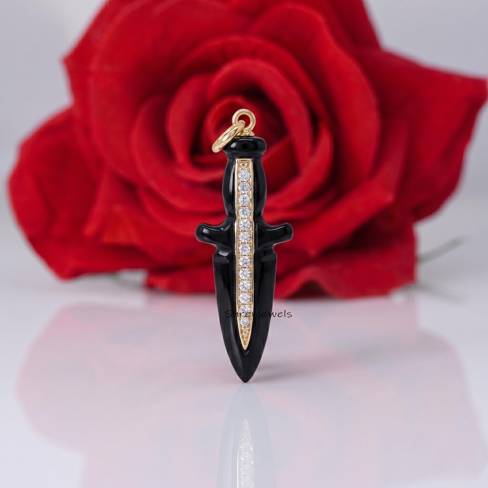 Black Onyx Dagger Pendant, Gold Sword Necklace Charm, Gothic Dagger Jewelry, Minimalist Knife Pendant, Edgy Statement Necklac