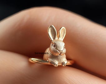 14k Gold Rabbit Ring: Dainty Bunny Animal Jewelry