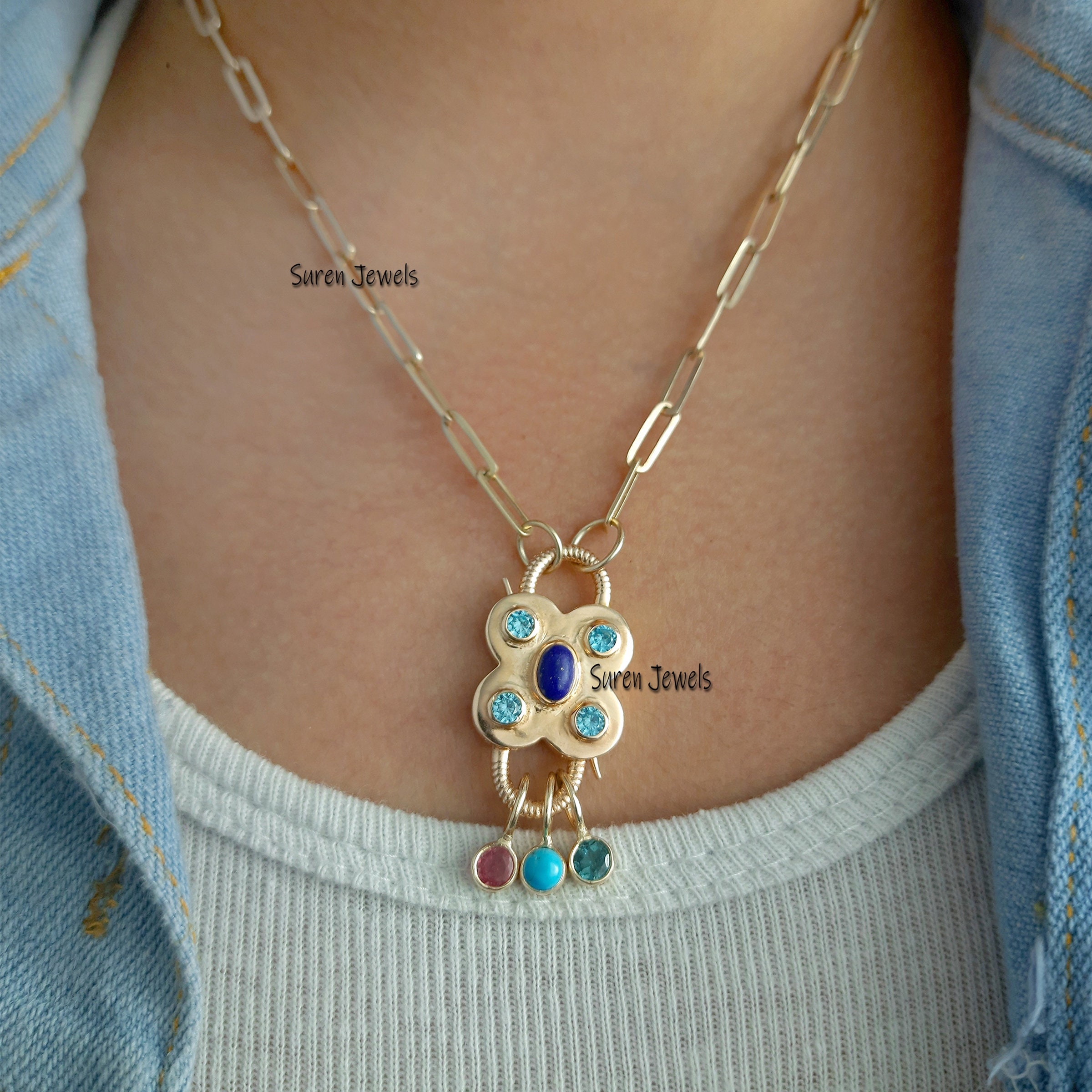 925 Silver Gemstone Padlock Pendant: Lapis, Turquoise Drop Necklace - View 2 - Suren Jewels | SKU: SJP65-SJP468-SJN47-18I