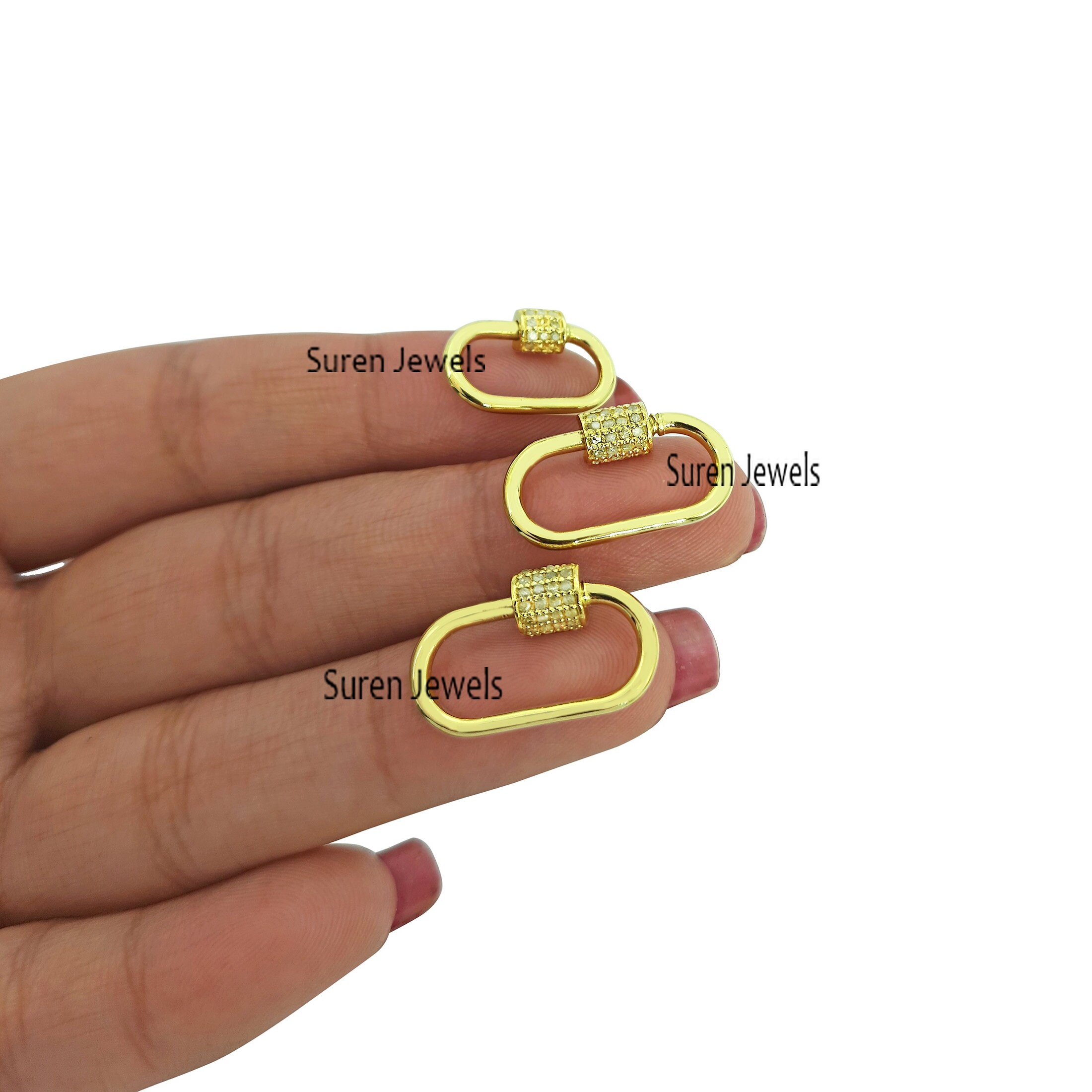 925 Silver Diamond Carabiner Lock: Pave Carabiner Pendant - View 2 - Suren Jewels | SKU: SJC131-SLYGDI-18M