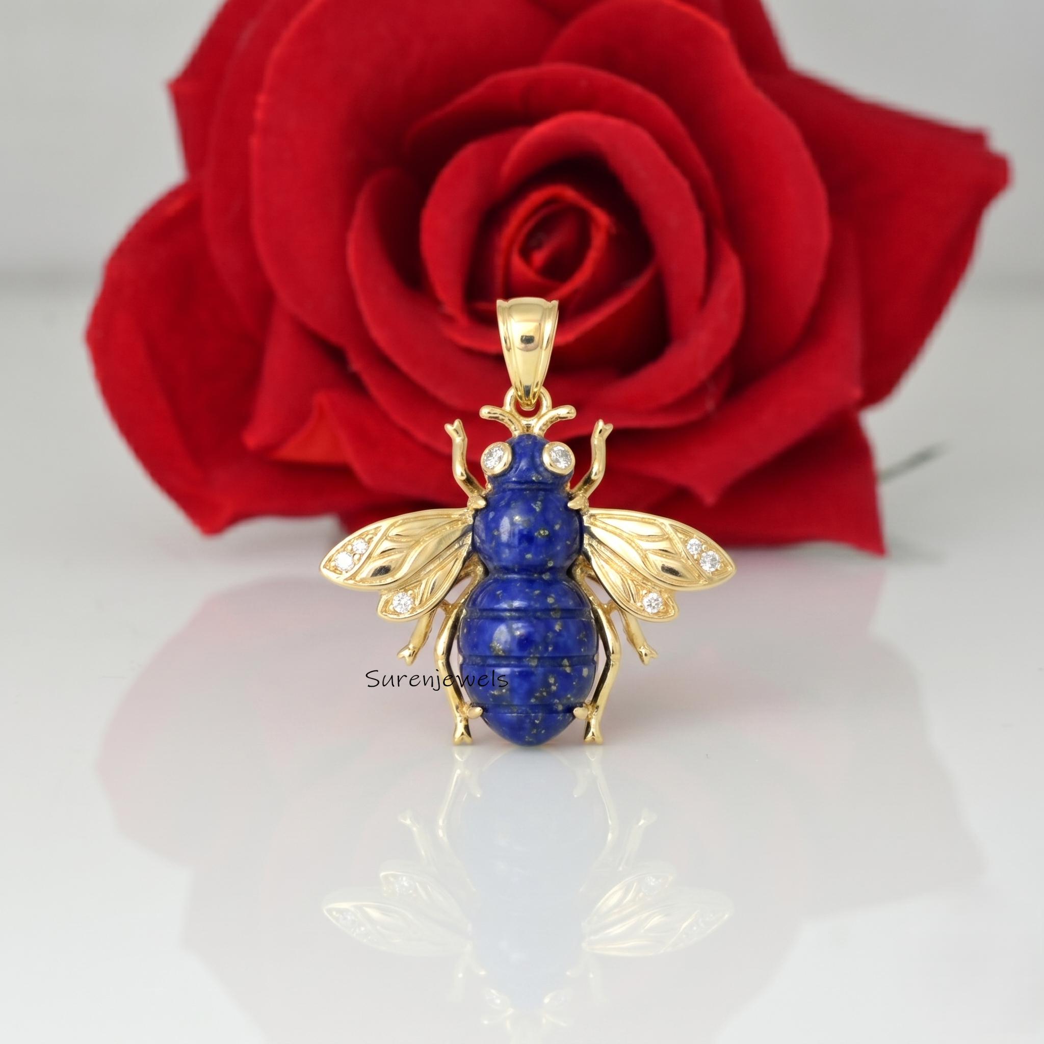 14k Solid Gemstone Bee Pendant, Opal Bee Pendant, Dainty Honey Bee, Gemstone Queen Bee Bug Pendant, Gemstone Bee Pendant, Car